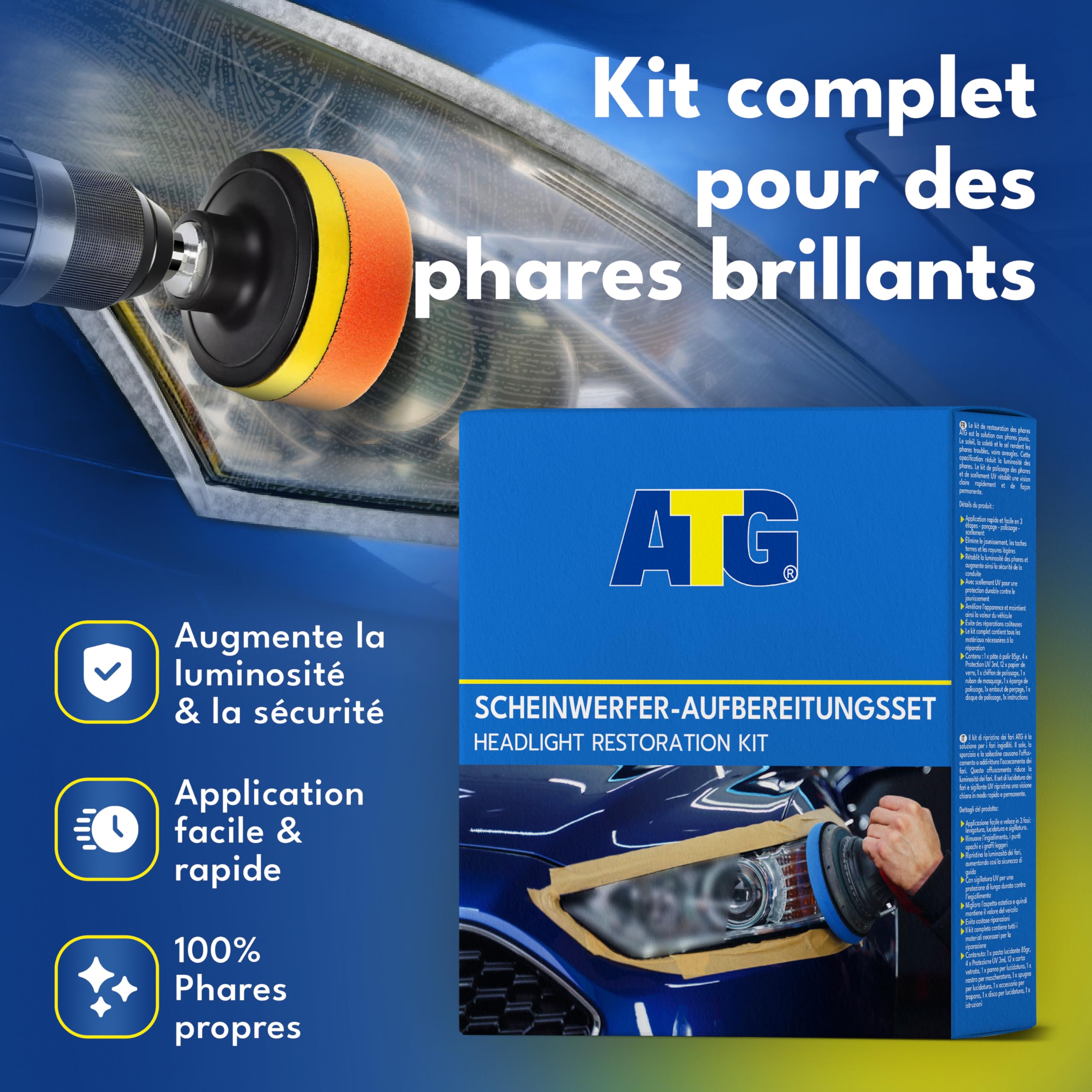 ATG® renovateur phare voiture – kit renovation phare voiture & kit renovation phare | phares ternes, jaunis ou rayés | polish, nettoyant & vernis UV