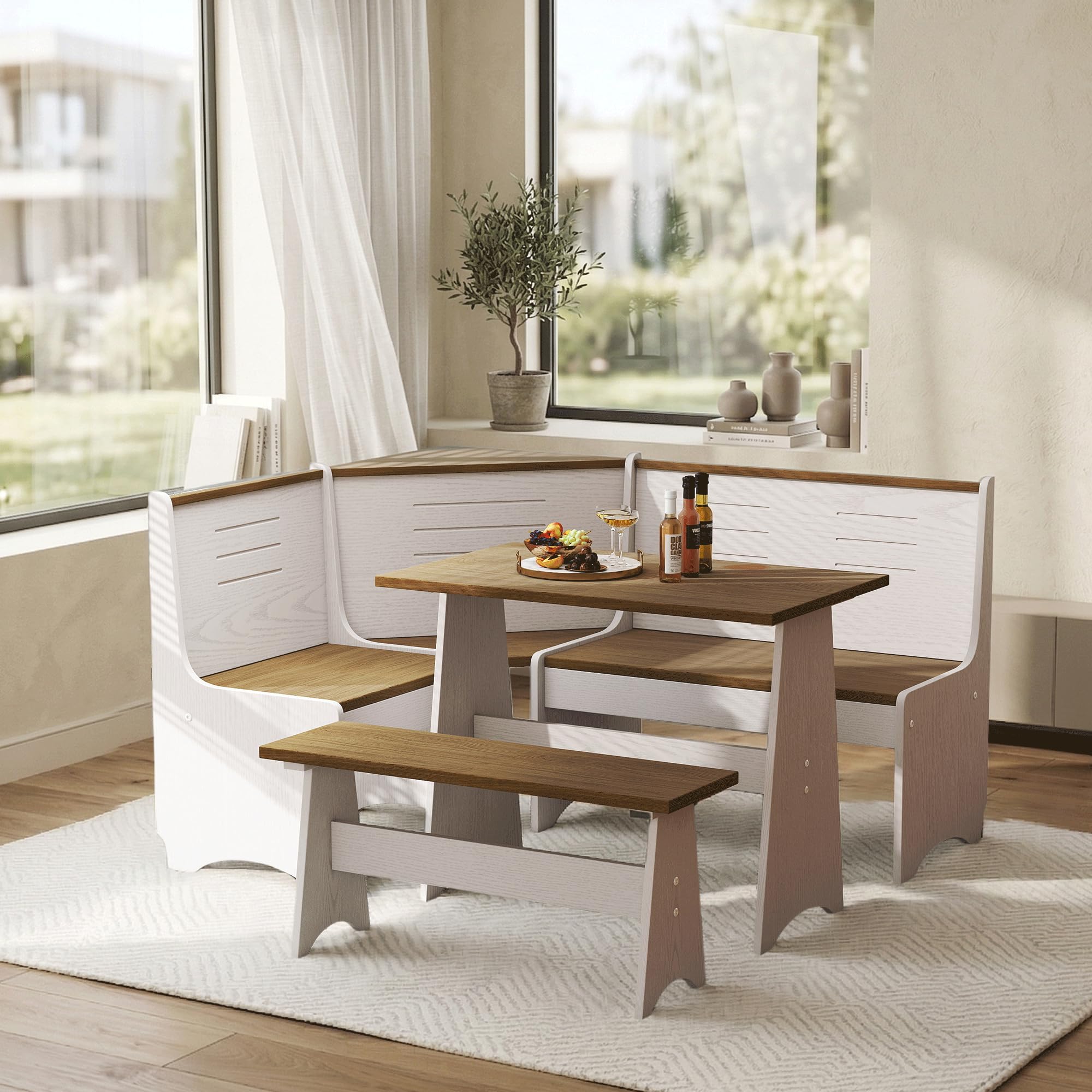 Condition photo showing New/Like New for 3-piece l-shaped breakfast nook dining set with hidden storage, modern wood corner dining table and bench set for small spaces & kitchen, natural and white (set of 3) 