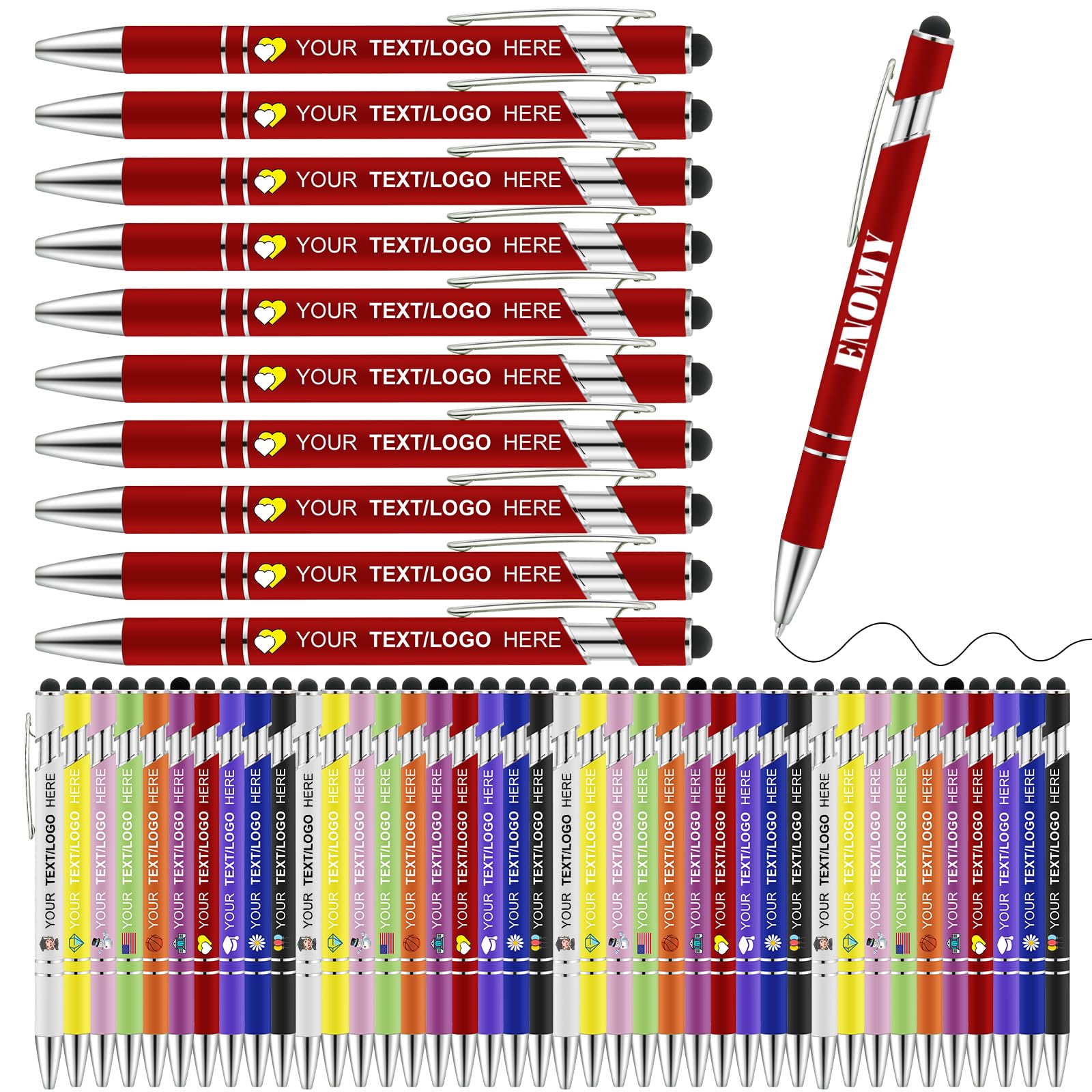 50 Pack Personalized Pens with Stylus Custom Pens Bulk Ballpoint Pens Black Ink Engraved with Logo Text, Gift for Office College Wedding Nurse