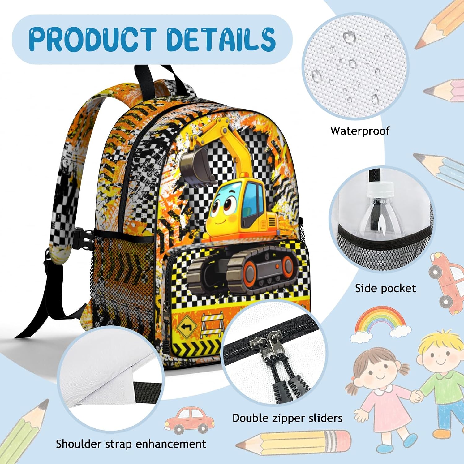 Toddler Backpack for Boys 4-6 – Excavator Construction Kids Backpack, Tough Preschool Kindergarten Daycare Bag with Padded Ergonomic Straps & Chest Buckle, Small Backpack for Kids Travel image 3