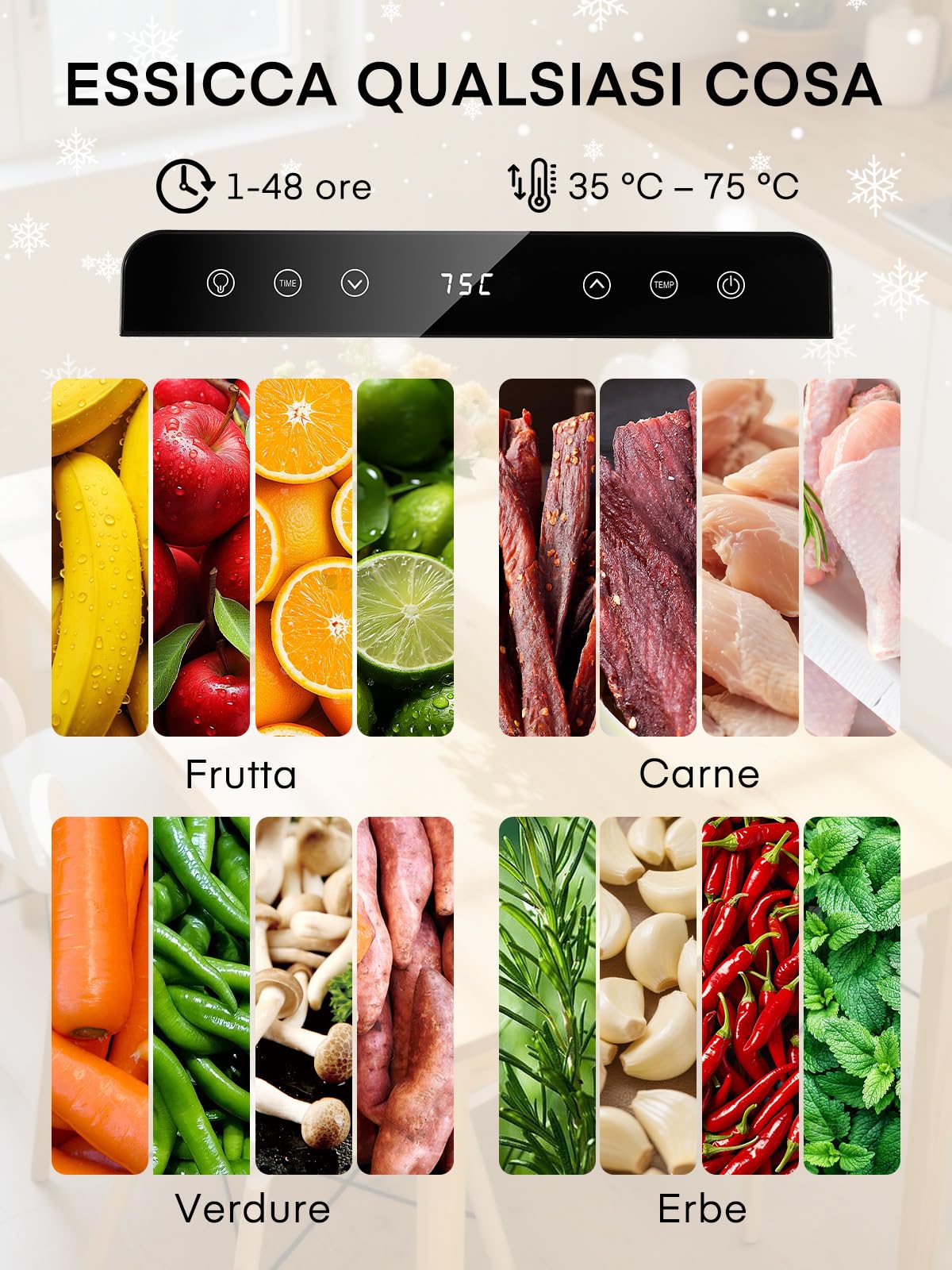 FOHERE Essiccatore Alimentare 8 Vassoi in Acciaio Inox, Silenzioso <40dB per Uso Notturno, Termostato 35-75℃ Timer 48h, per Frutta, Verdura, Carne, Funghi, Erbe, Snack per Bebè