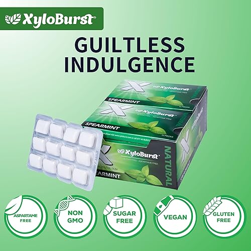 Miniatura 4 de XyloBurst Gum  Xylitol Chewing Gum  Sugar Free, Gluten Free, Keto Friendly  Aspartame Free Gum For Oral Health  Spearmint  12 Pieces, Pack of 12