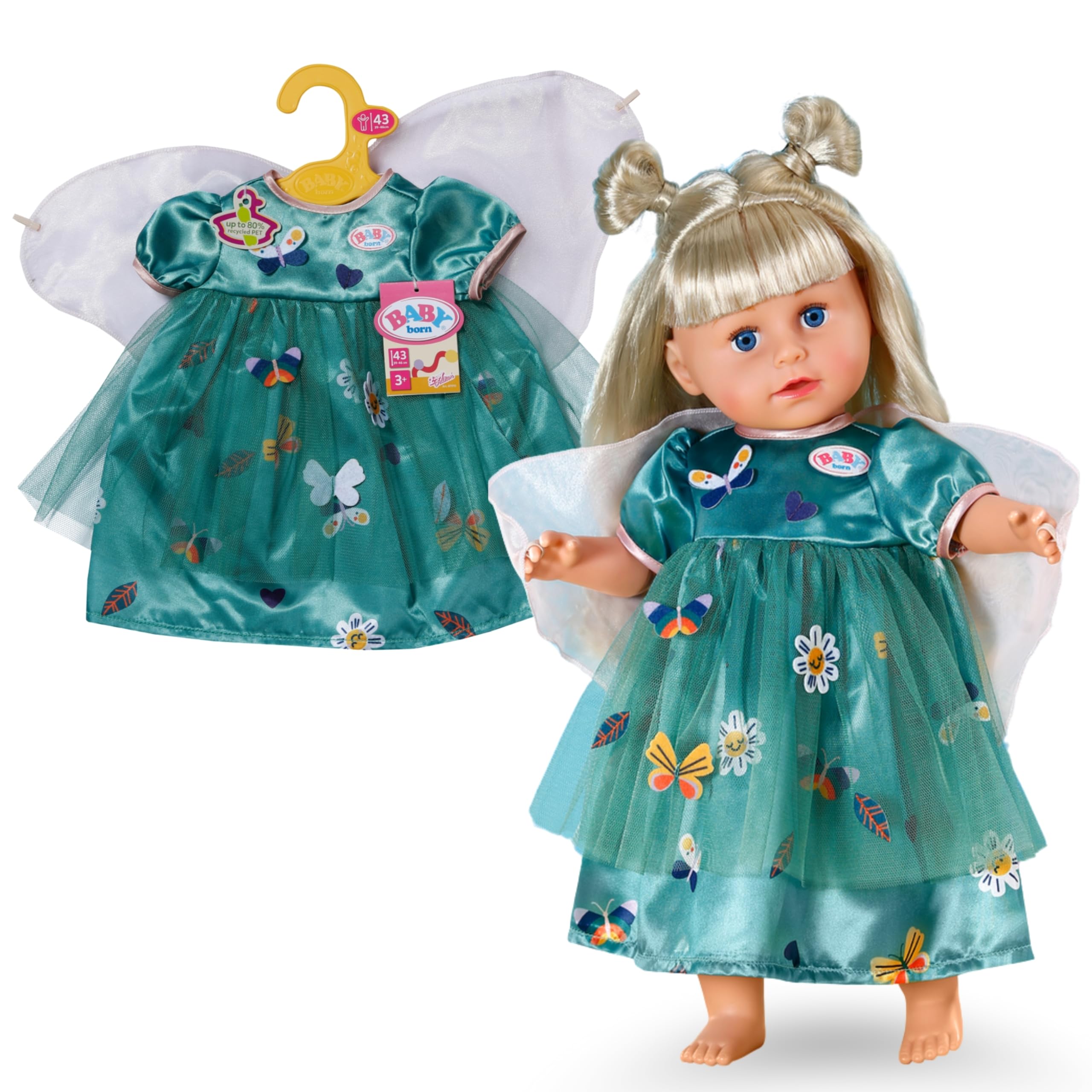BABY Born grünes Feenkleid - Mit Schmetterlingsapplikationen & Stoffflügeln - Hochwertiges Puppenzubehör - Kleidung geeignet für Puppen der Größe 43 cm