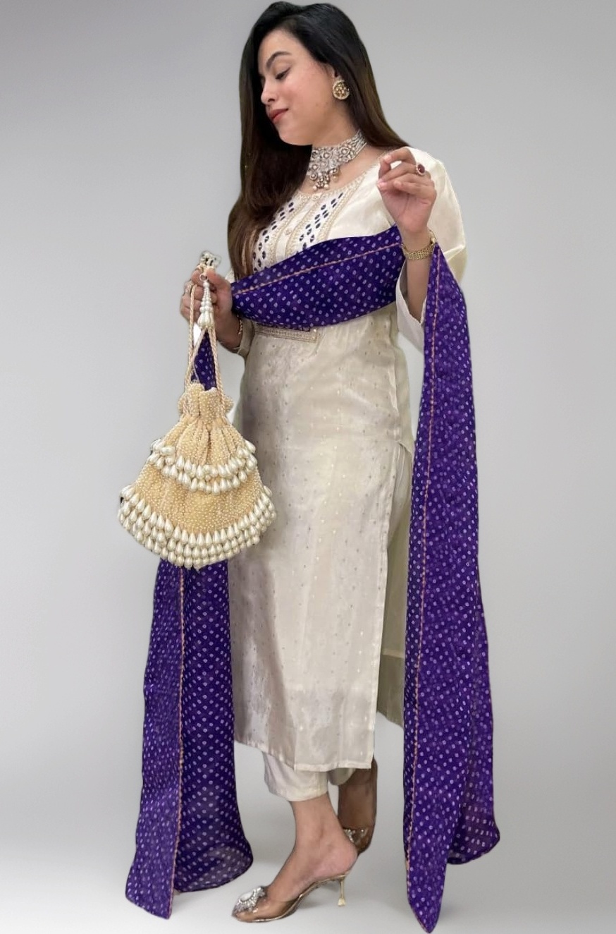 GoSriKi Women's Silk Blend Straight Embroidered Kurta with Pant & Dupatta