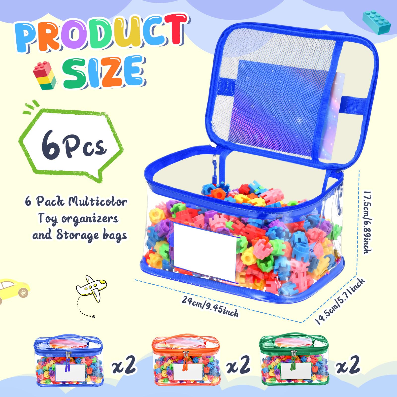 Aliceset 6 Pack Clear Toy Storage Bag with Name Tag & Manual Pocket Reusable Clear PVC Board Game Storage Travel Waterproof Organizer Bags with Zipper for Books(Blue, Green, Orange)