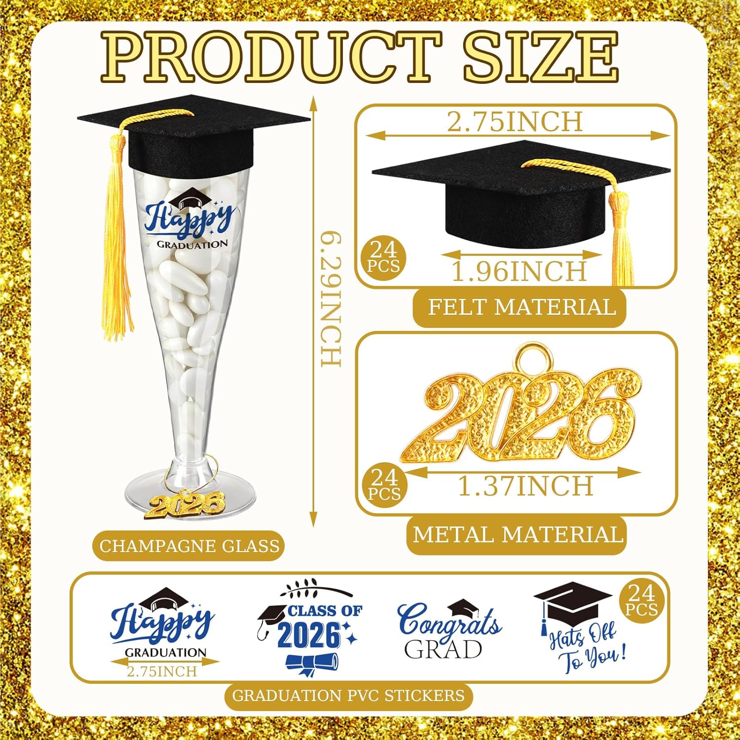 Sawysine 24 Set Graduation Candy Champagne Flutes Table Centerpiece Decoration 6.29'' 2026 Graduation Party Favor 4.5 oz Plastic Grad Cap Jar with Tassel 2026 Pendant Sticker(Black Hats)