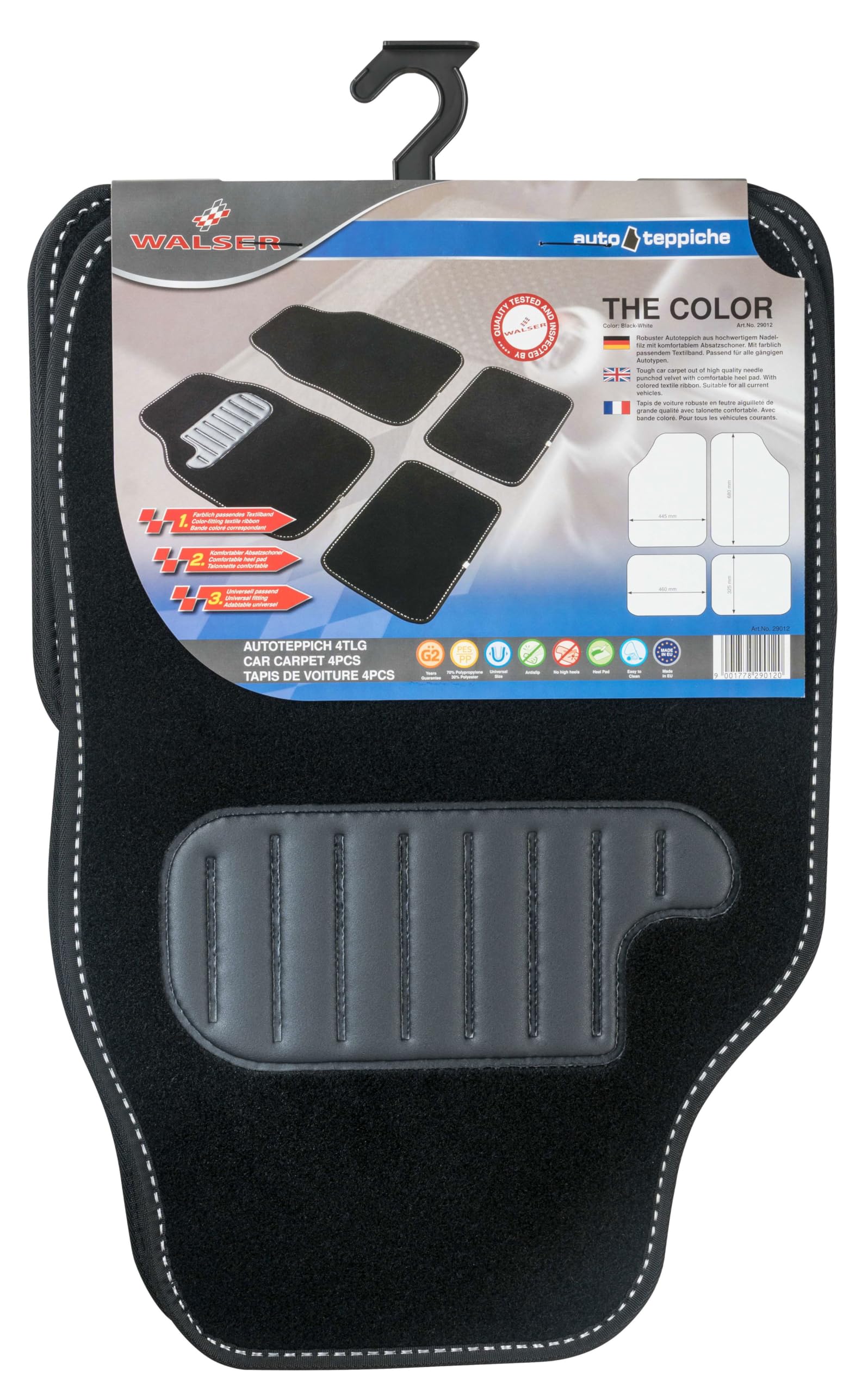WALSER Premium tappetino 12mm Velours, tappetini universali lavabili, set di tappetini auto 4 pezzi neri, tappetini auto Velours neri 29044