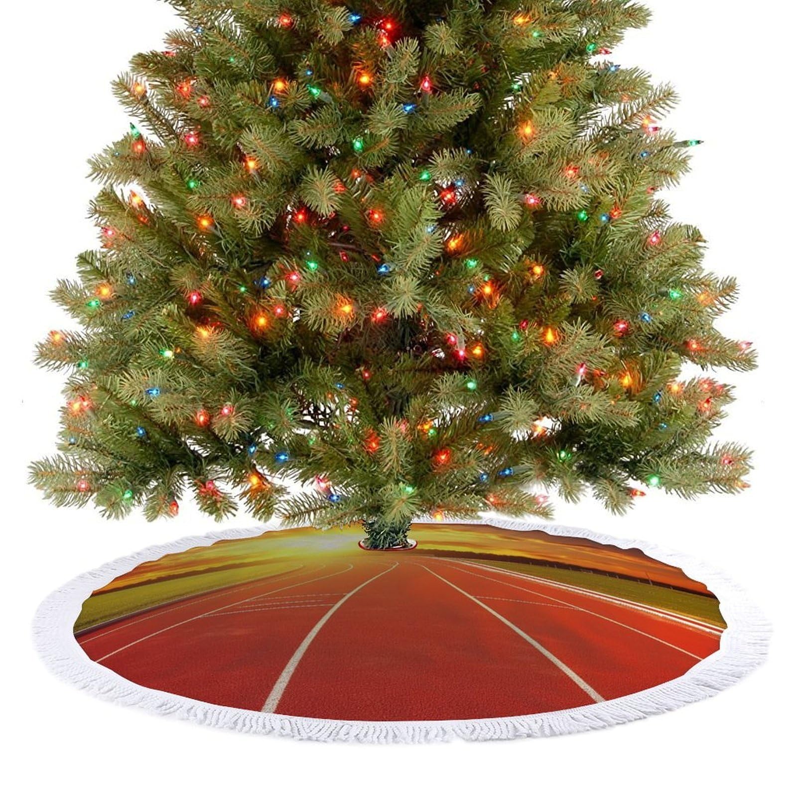 Running Track Sunset Christmas Tree Skirt 30"x30" Rustic Xmas Tree Mat with Tassel Ornament Christmas Trees Cover Skirt Mat for Evergreen Trees Ornament Winter Holiday Mats Decorations