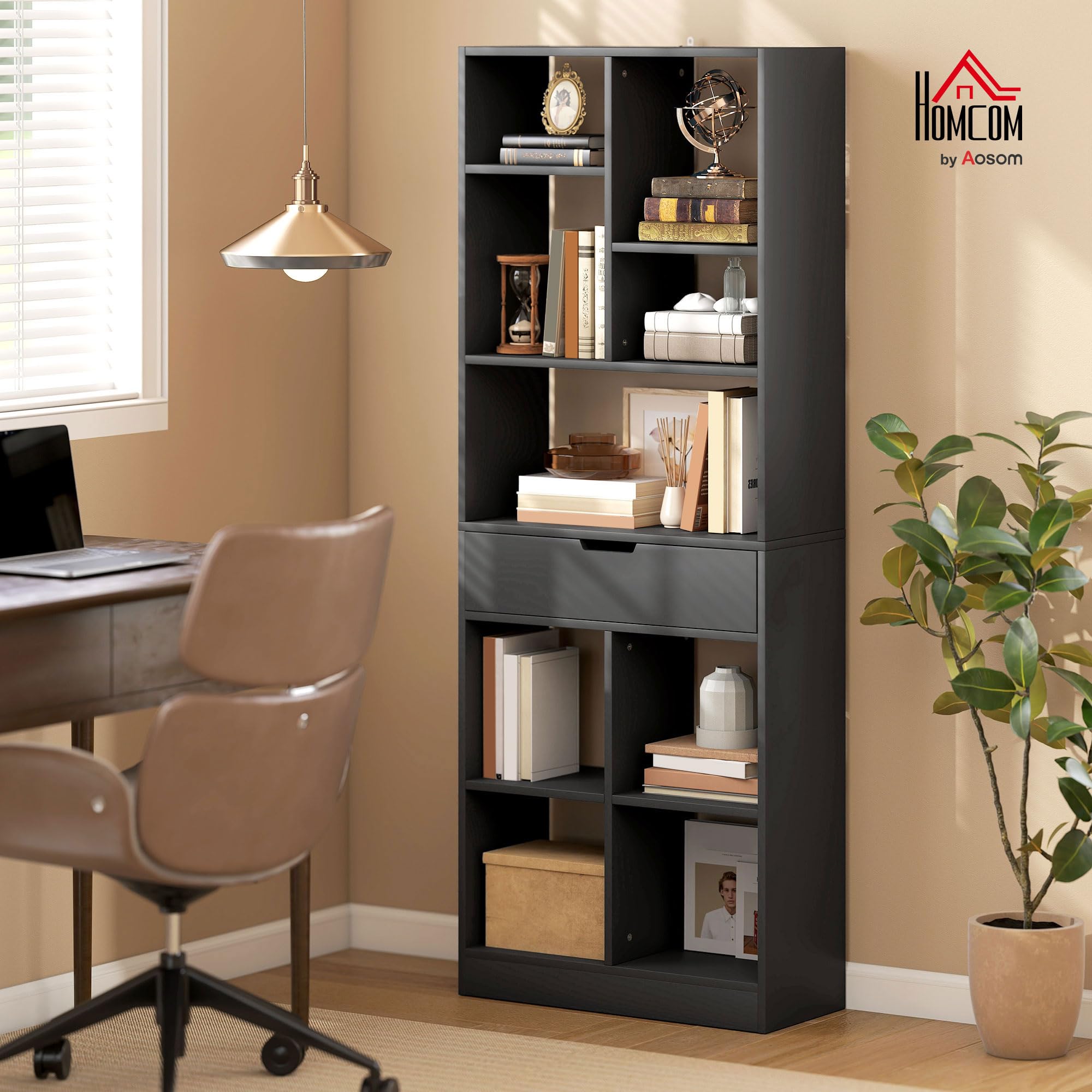 HOMCOM Scaffale Libreria con Cassetto Centrale in Legno 60x26x158 cm Nero | Ripiani Aperti, Libreria Salvaspazio Autoportante, Scaffale Divisorio per Soggiorno, Camera da Letto, Ufficio