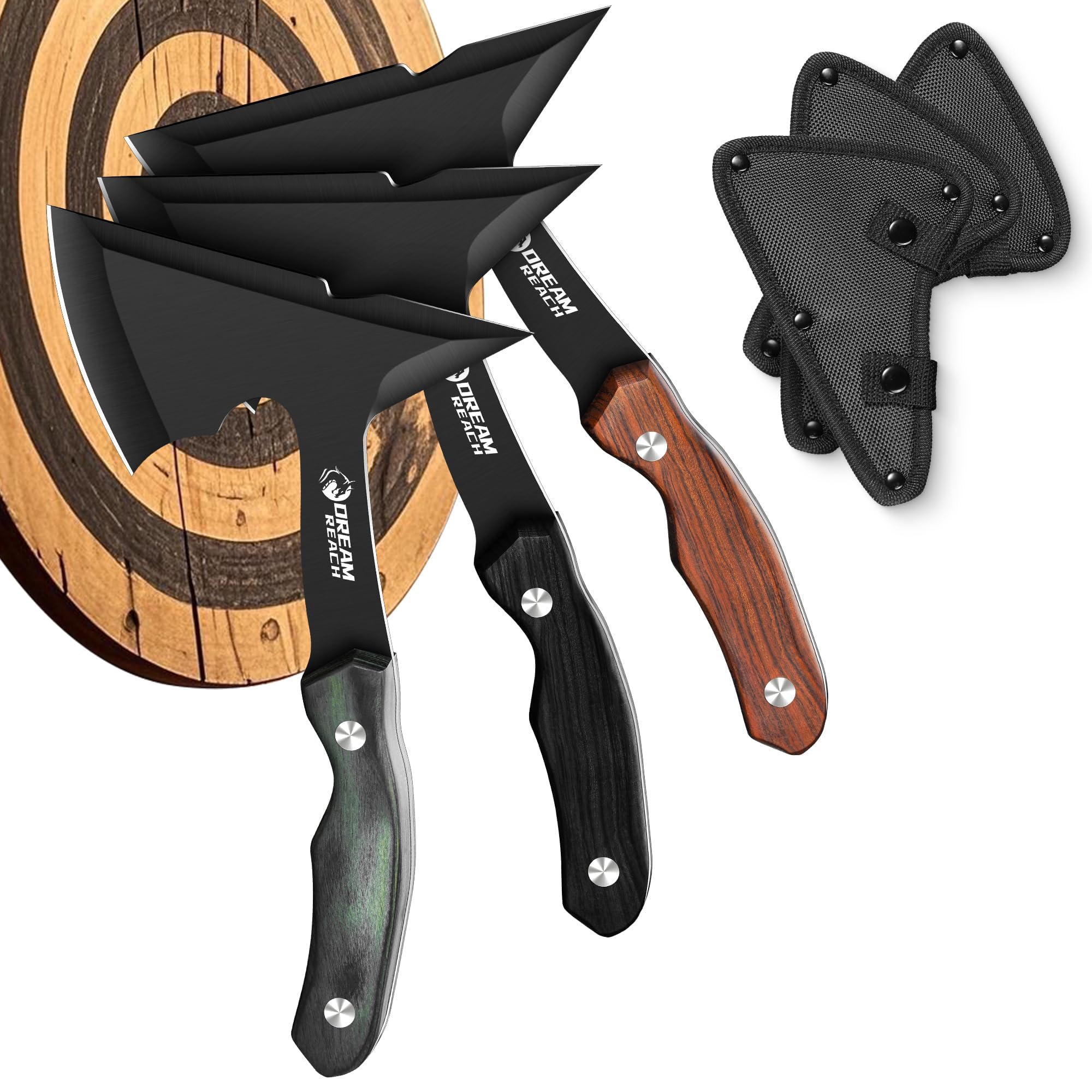 Dream Reach Professional Throwing Axe Set – 3-Pack High-Carbon Steel Throwing Axes Throwing Game for Backyard with Sheaths and Ergonomic Handles for Competition and Recreation