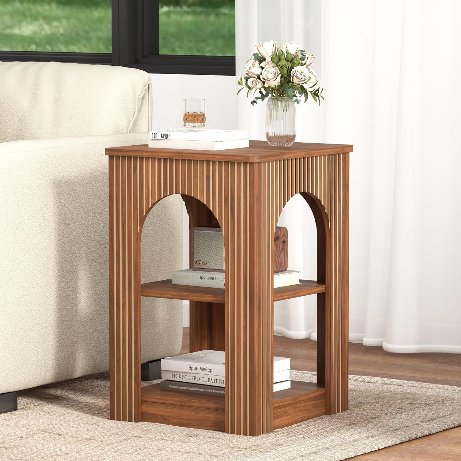 weselon End Table Set of 2, Mid-Century Modern Side Table with 3-Tier Storage Shelves and Arched Carving Lines, Square Fluted Nightstand for Living Room, Bedroom, or Office (2, Walnut)