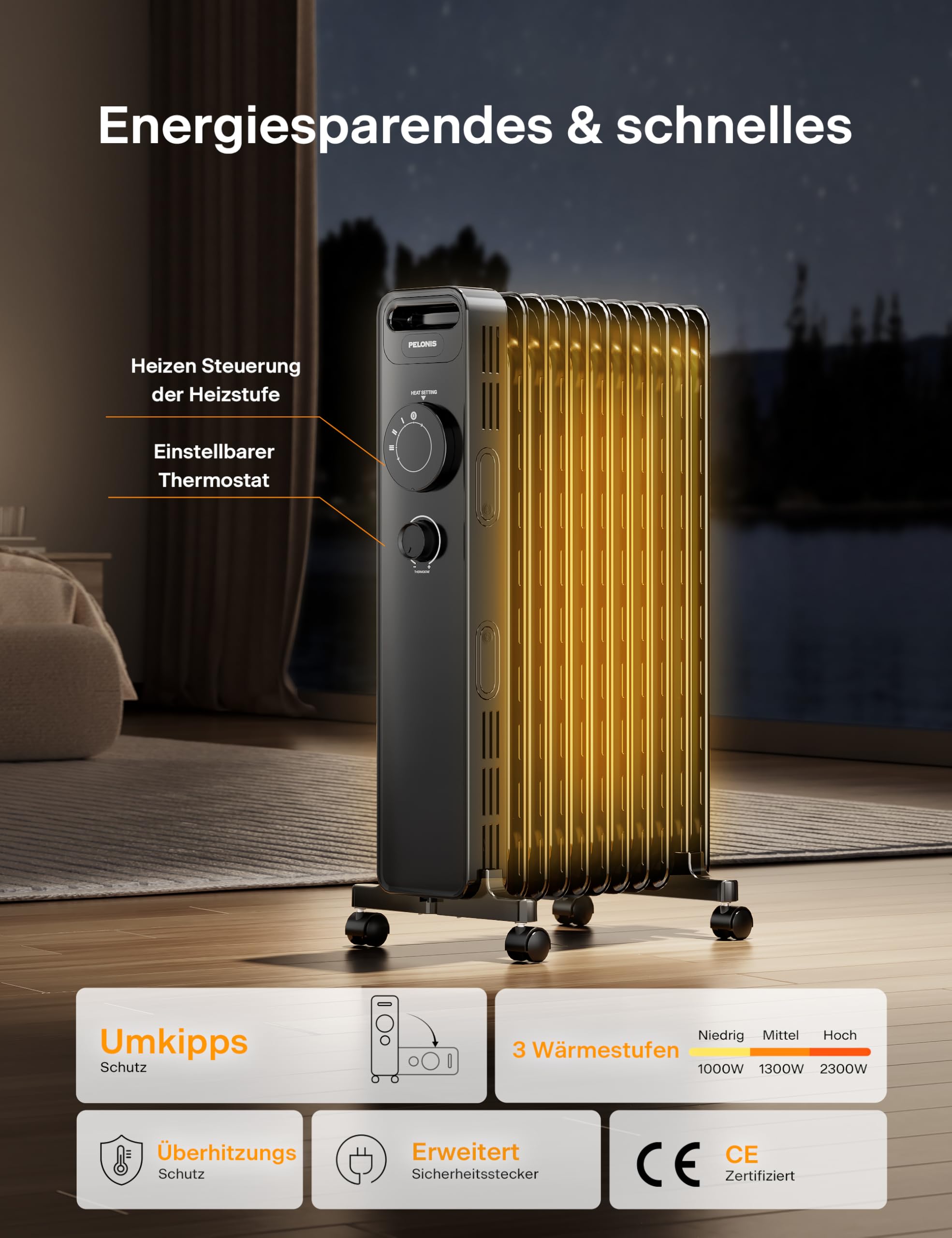 Juskys Elektrische verwarming, olieradiator, 2500 watt, verwarming elektrisch met 3 standen, thermostaat, 12-uurs timer en oververhittingsbeveiliging, radiator, zwart