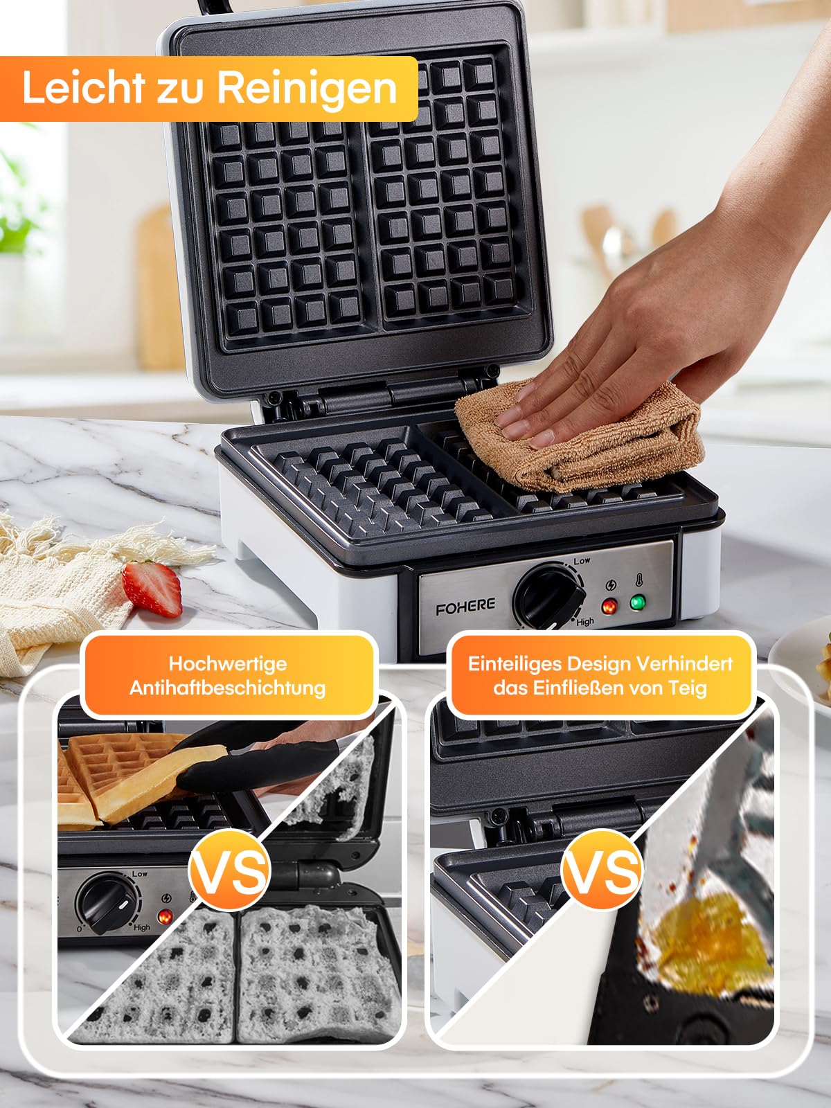 XL 2er Waffeleisen | 1200 Watt | Waffelautomat | Paninigrill | Waffeltoaster | Waffle Maker | Elektrogrill | XXL Wafflemaker | Waffel Eisen | Antihaftbeschichter FOHERE Waffelmacher