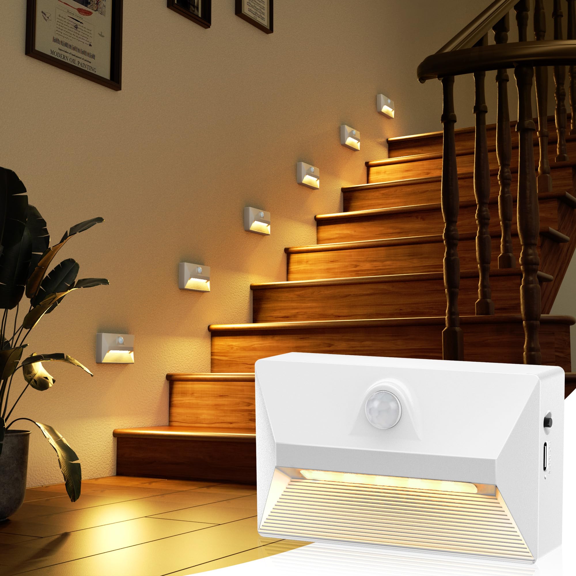 NIORSUN Motion Sensor Night Light, Rechargeable Stair Lights Indoor, 3 Colors and Motion Modes 2000 mAh Battery Night Light with Light Sensor for Stairway, Hallway, Bathroom, Kitchen White 6 Pack