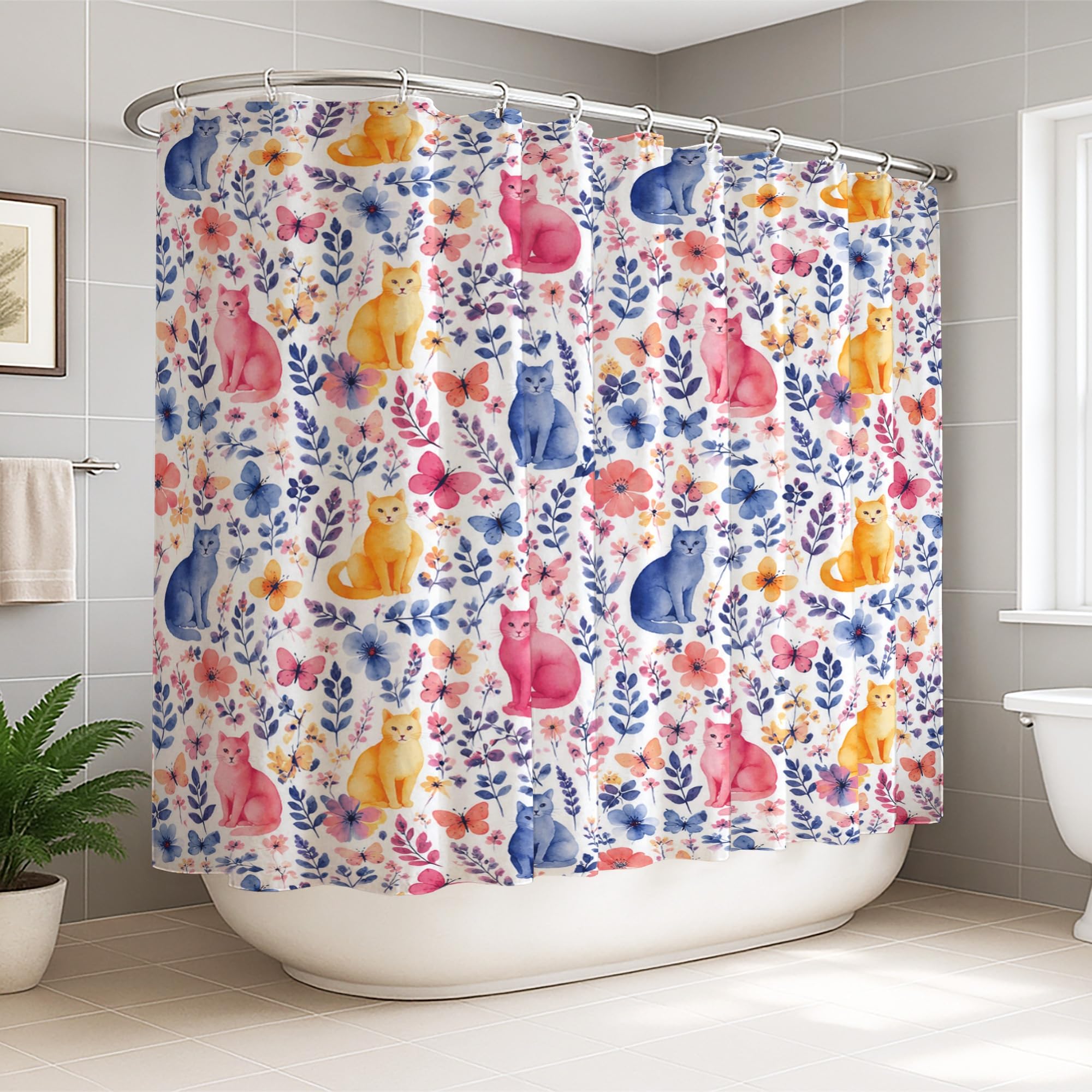 Rideau de douche extra large chat floral 274x183 cm pour grande salle de bain