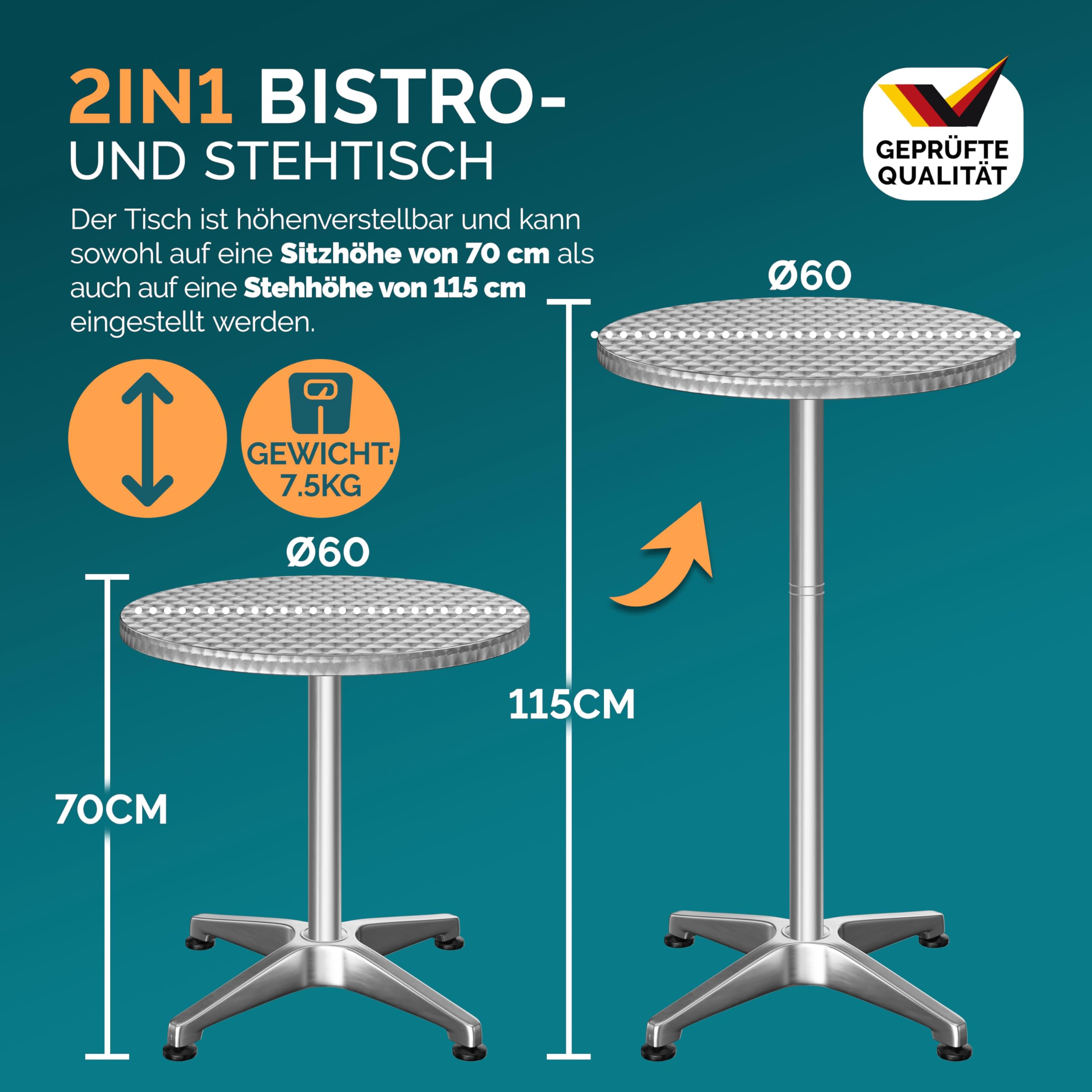 Casaria® Table Basse Mange Debout Aluminium - Table à Manger et Meuble Cuisine - Hauteur Réglable 70-115 cm, Plateau Pliable 60 cm, 4 Pieds Stables, Résistante aux Intempéries, Housse Noire Incluse