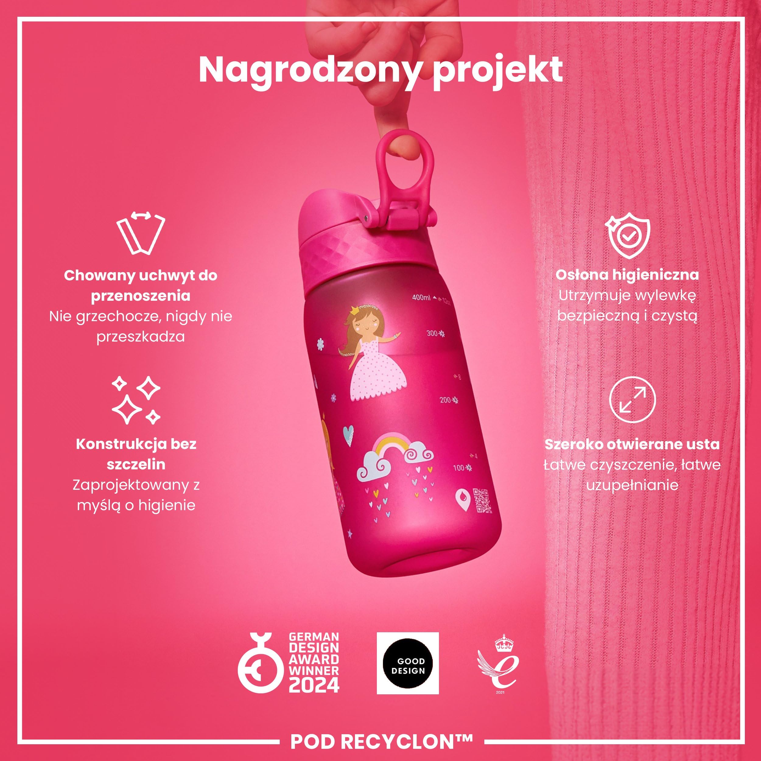 ION8 Butelka dla Dzieci, 350 ml/12 oz, Szczelna, Łatwa do Otwarcia, Bezpieczny Zamek, Można Myć w Zmywarce, Bez BPA, Uchwyt do Przenoszenia, Łatwa do Czyszczenia, Bezwonny, Księżniczka