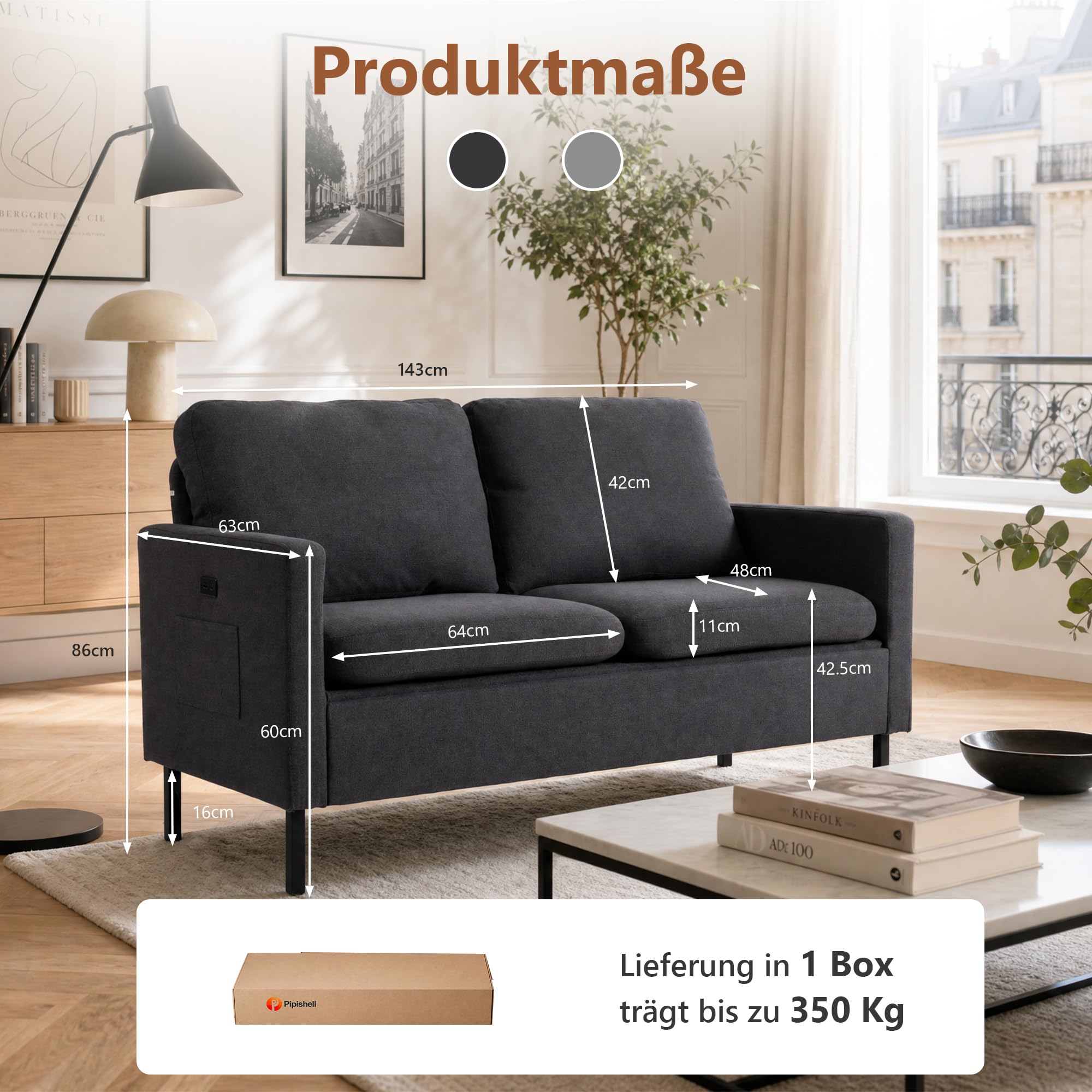 ROCSUMOO Kleines Sofa 2 Sitzer, 143 cm 2 er Couch (Dunkelgrau) | mit 2 USB-Ladeanschlüssen & Aufbewahrungstasche, Modernes Zweisitzer-Sofa, Kleine Wohnzimmer Couch