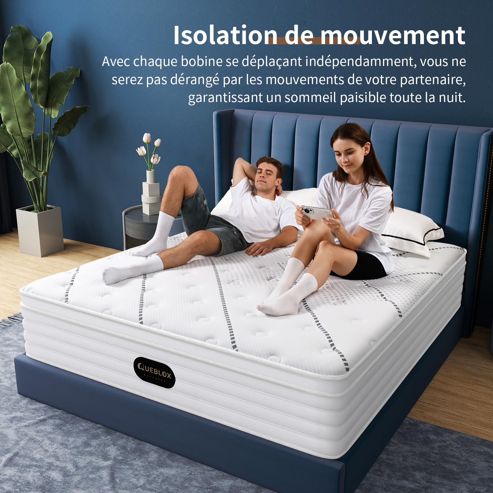 Queblox Matelas 160 x 200 cm,Hauteur 28cm,Matelas en boîte,7-Zone Pocket Sprung Mattress,Fermeté Moyenne,Isolation des mouvements,160x200x28cm