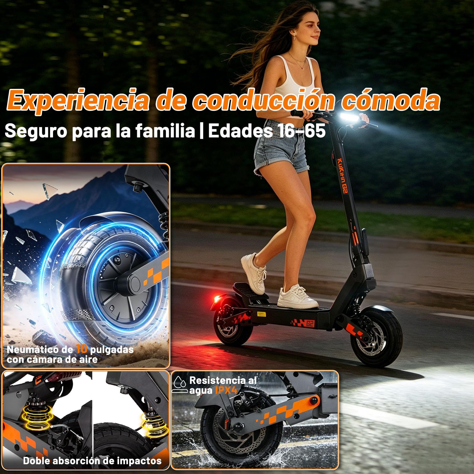 G2 Patinete Eléctrico Adultos Homologado DGT - 55-65km Autonomía Batería 48V 15.6Ah, Doble Freno, Ruedas 10" Tubeless,Sistema de Doble suspensión Patinete electrico Unisex,IPX4,Carga 120KG
