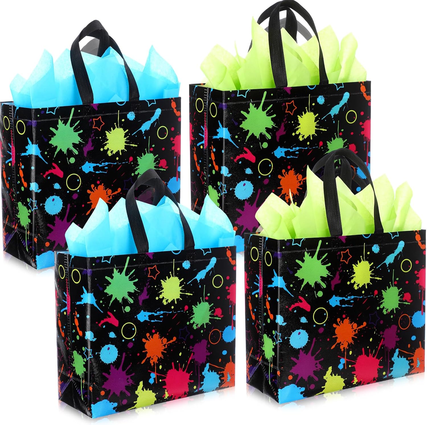 Sanwuta 24 Pieces Glow Neon Favor Bags with Tissue Paper Glow in The Dark Party Supplies No Woven Neon Birthday Gift Goody Candy Bags for Glowing Party Decoration(12.6x4.7x11 Inch)