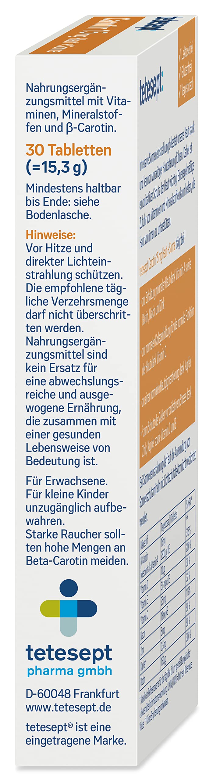 tetesept Carotin 15 mg Haut + Sonne – 5 x 30 Tabletten – Haut Vitamine für die Schönheit gebräunter Haut – Nahrungsergänzungsmittel mit β-Carotin und Antioxidantien