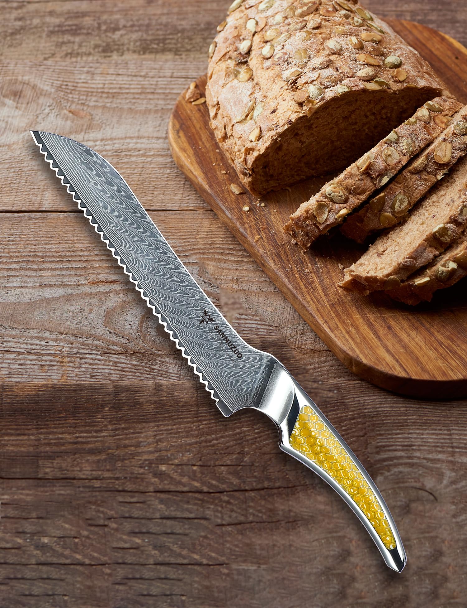 Cuchillo dentado para pan de 20cm, cuchillo de cocina japonés de acero de Damasco VG-10, cuchillo para cortar pan ultra afilado con mango de espiga completa en resina amarilla, serie LA-S9