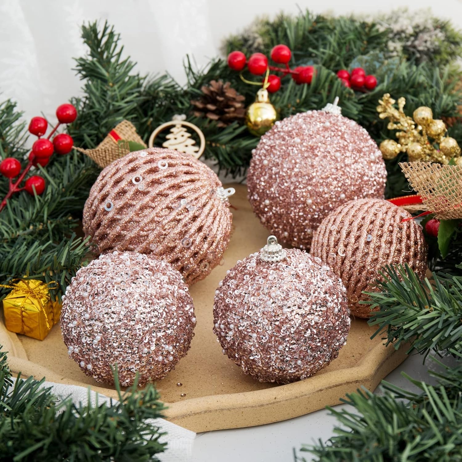 Bolas de Navidad, 12pcs 8cm Bolas de árbol de Navidad Ornamentos de decoración de Navidad Ornamentos de Bola para Fiestas de Bodas ﻿ (Oro Rosa ﻿)