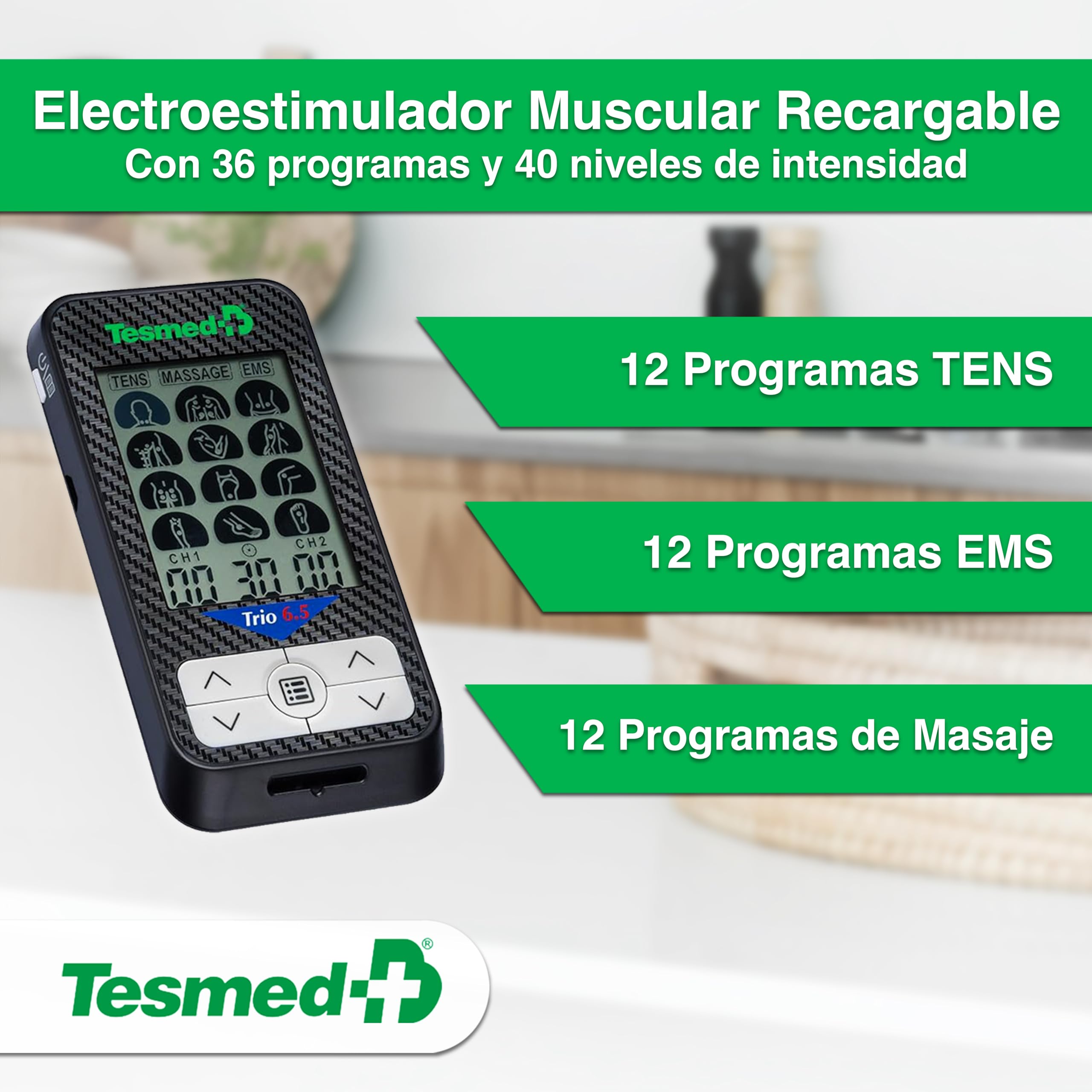 TESMED Trio 6.5: Electroestimulador Muscular Recargable - 36 Programas, 40 Niveles de Intensidad, EMS, TENS y Masaje - para aliviar el dolor muscular y fortalecer los músculo - 4 Electrodos 50x50 mm