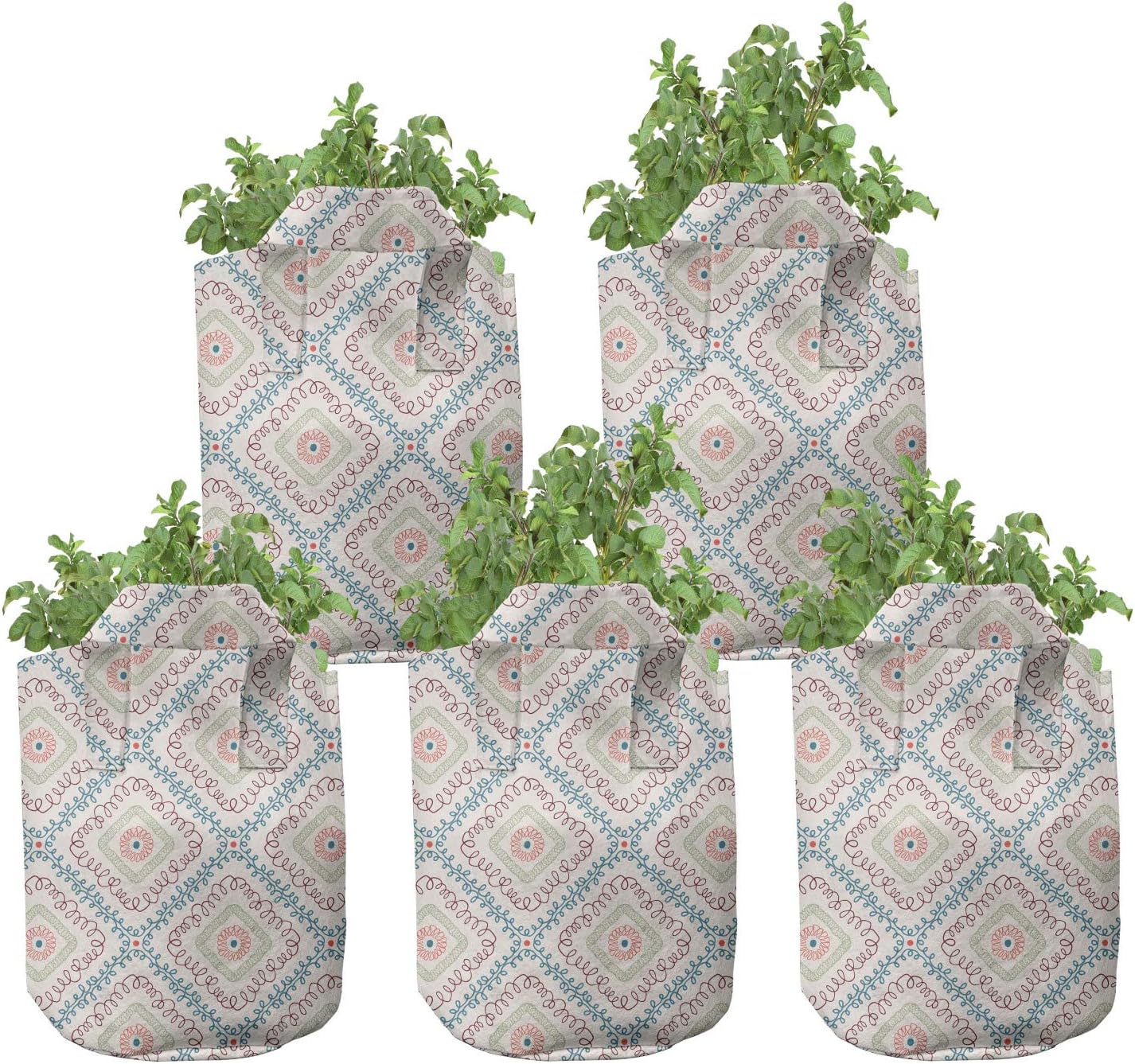 Ambesonne Boho Grow Bags 5-Pack, Pastel Theme Squares, Heavyduty Fabric Pots with Handles for Plants, 7 Gallon, Multicolor