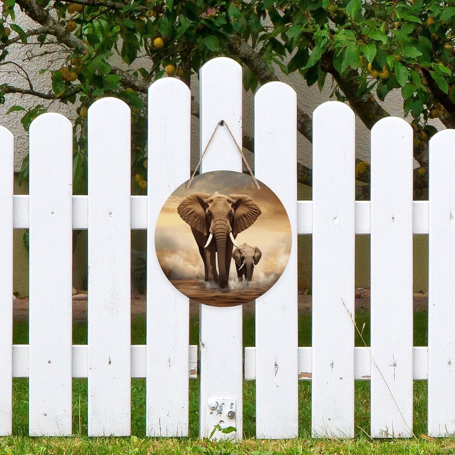 Elephant and Baby Elephant Round Wooden Ornaments 7.87 Inch Wooden Door Hanger Sign Trend Wood Decorative Paintings for Crafts Christmas Home Holiday Decor Thanksgiving Bar