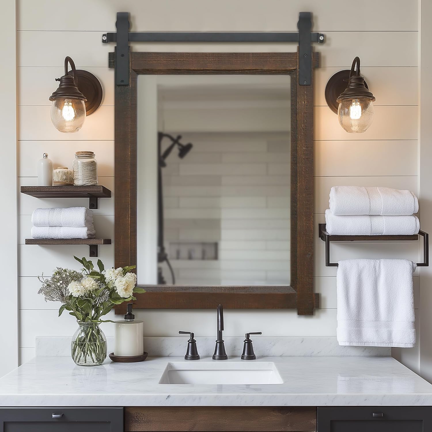 Besdomus Rustic Bathroom Wall Mirror 22x30 Brown Barn Door Solid Cedar Wood Frame Vanity Mirror - Farmhouse Decor
