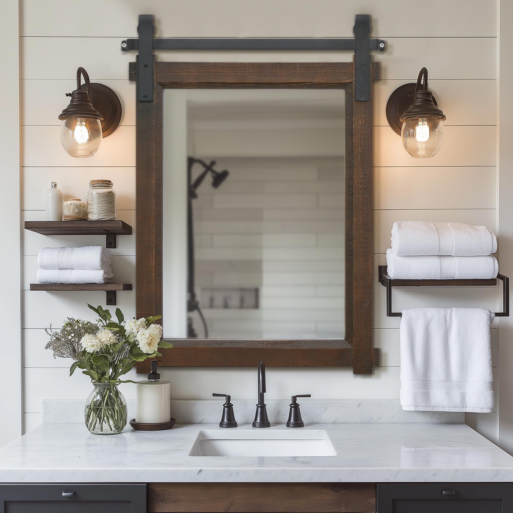 Besdomus Rustic Bathroom Wall Mirror 22x30 Brown Barn Door Solid Cedar Wood Frame Vanity Mirror - Farmhouse Decor