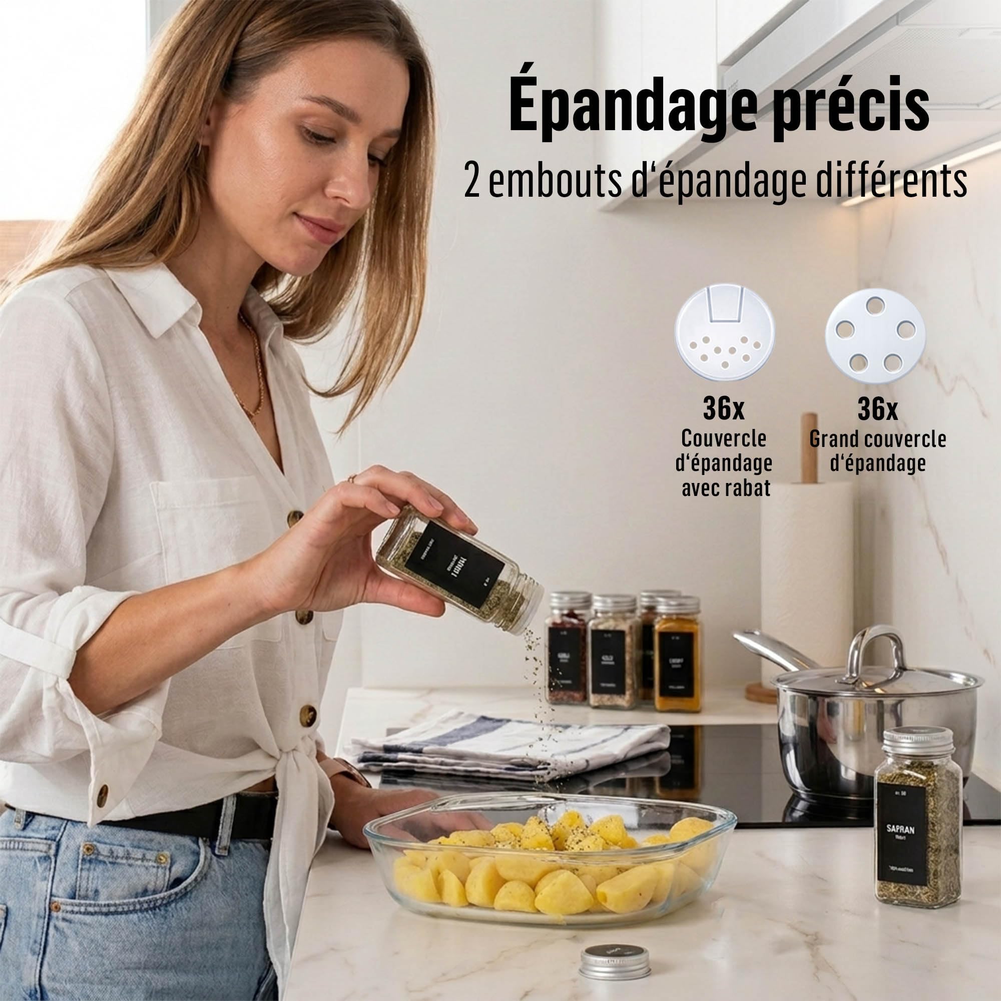 Deco haus® Lot de 36 Bocaux à Épices Carrés Hermétiques [avec Étiquettes & Saupoudreur] - Bocaux en Verre - Pot a Epices en Verre et Bois, Spice Jars - Récipients d'Épices - Pot à Epices