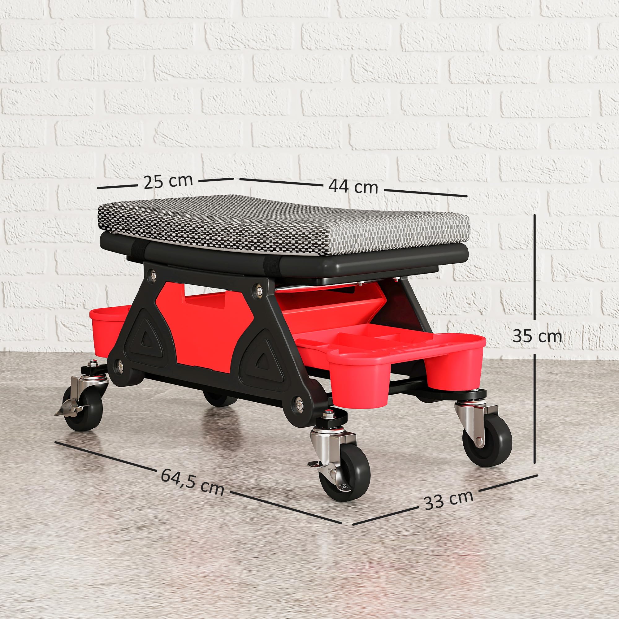 HOMCOM Sgabello mobile per officina, carico massimo 135 kg, sgabello da meccanico con rotelle, girevole a 360° con vassoi portautensili scorrevoli e cassetto, sedile girevole per officina di