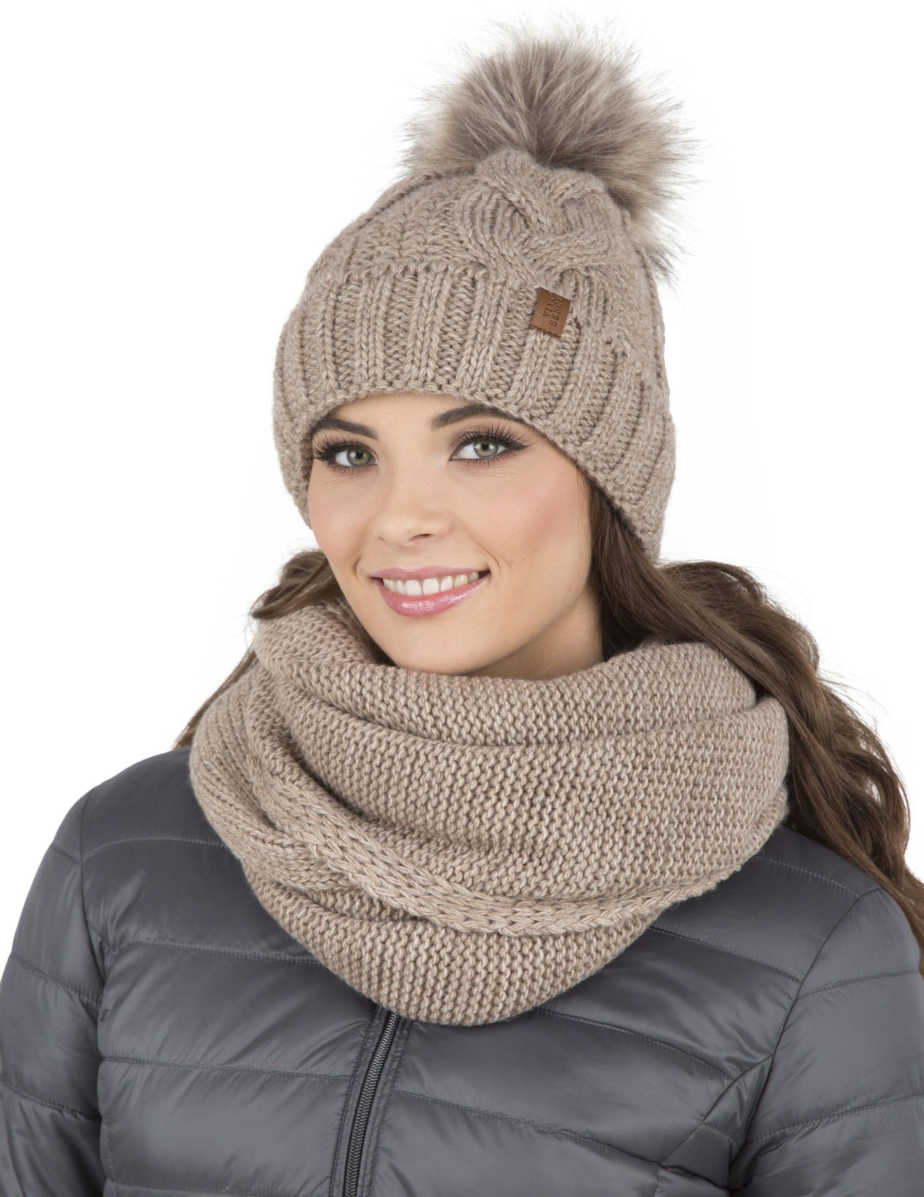 Vivisence Stylish Women's Winter Set Including Pompom Hat and Cozy Snood Scarf Made from Soft and Warm Fabric Smooth Fleece Lining Ideal for Cold Days, Beige,UNI