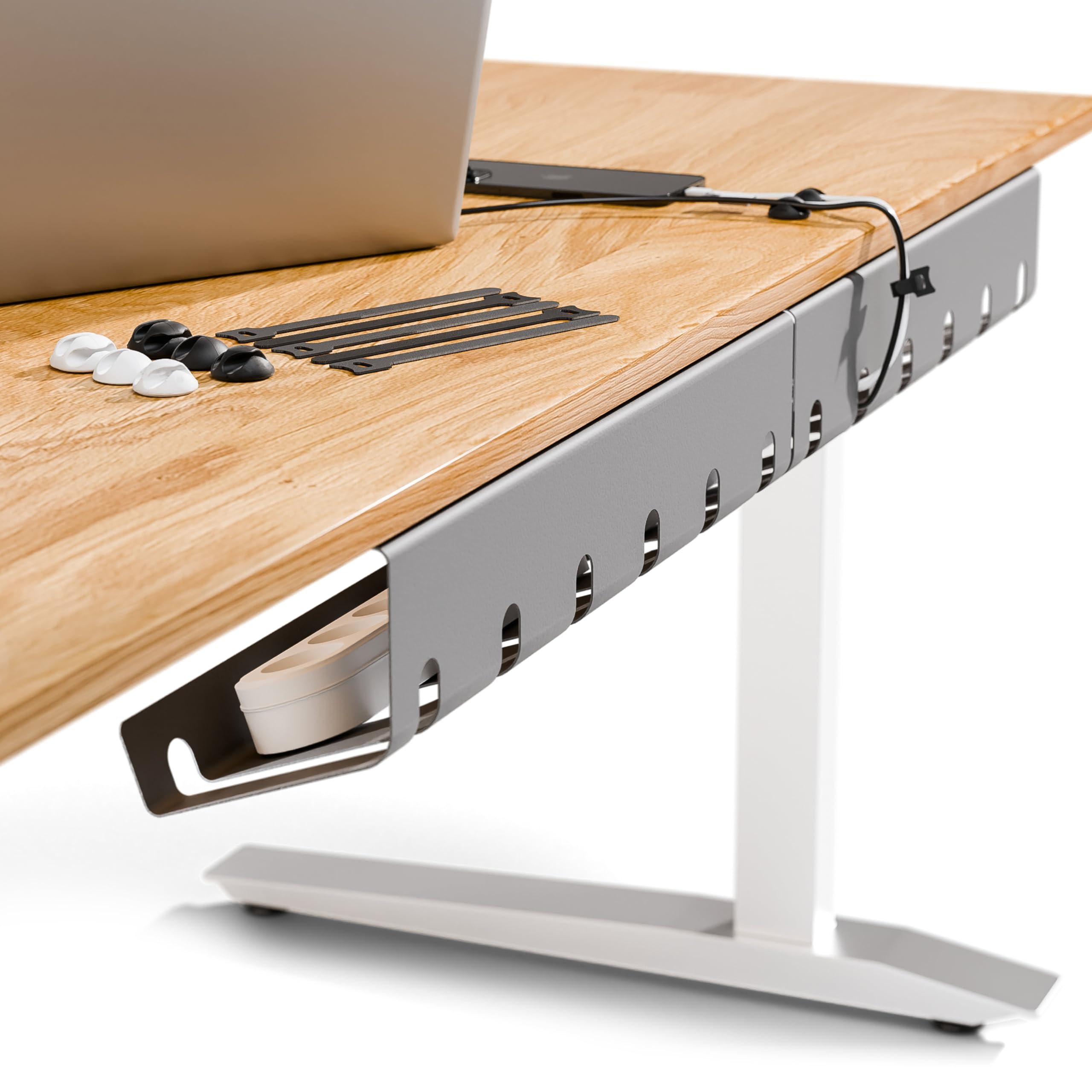 PAMO Organizador Cables Escritorio Gris y Plateado 3 un. – 10 Bridas Adhesivas y Clips para Cables – fácil instalación Incl. Tornillos – Organizador Escritorio Oficina/casa