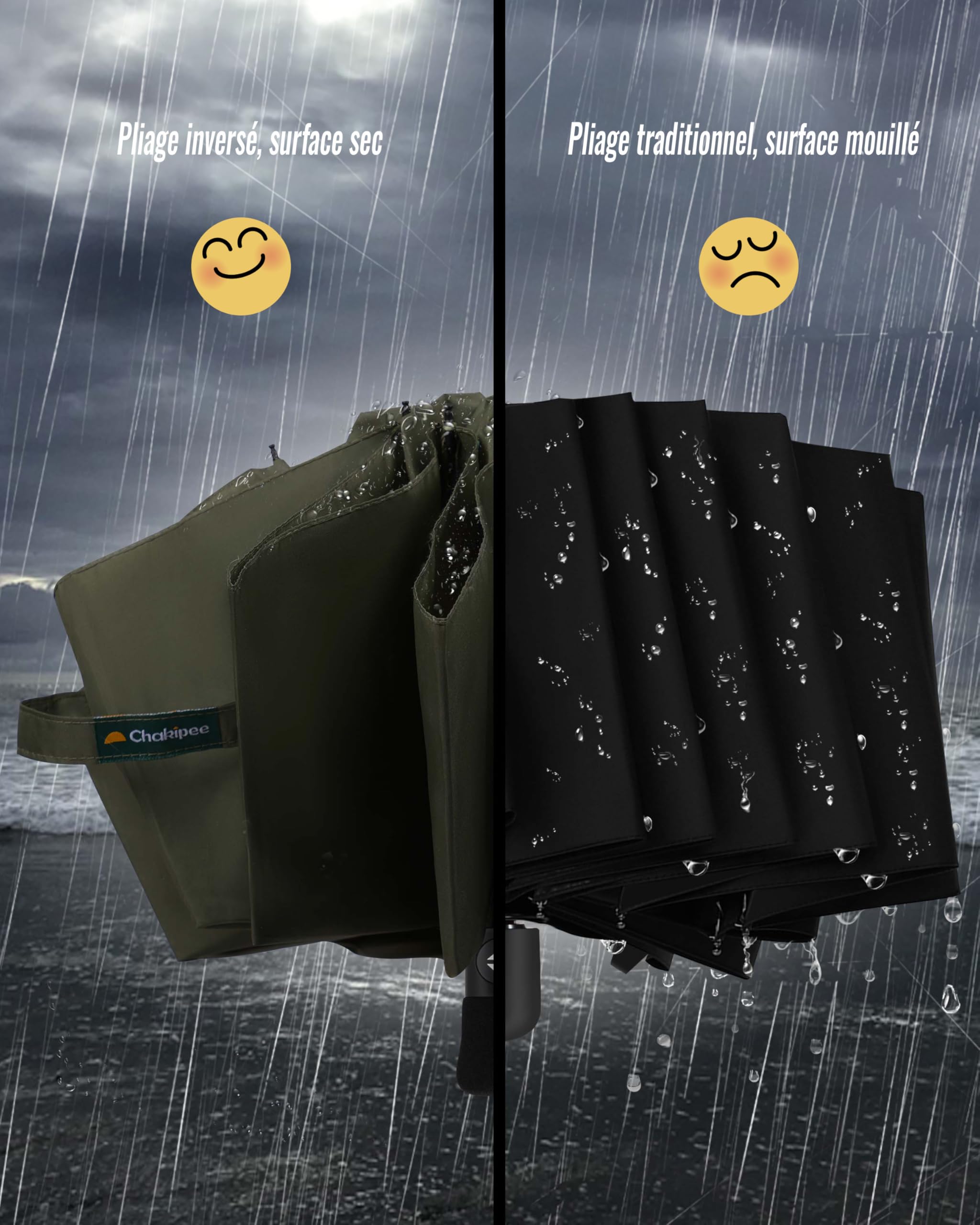 Chakipee Ombrello Pieghevole Compatto Pioggia - Automatico Pioggia Grande Ombrelli Antivento Robusto Inverso - Portatile Uomo Donna da Viaggio Resistenti Teflon 210T 10 Stecche