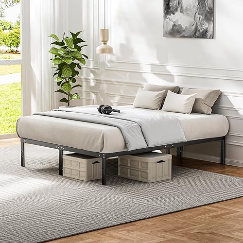 Miniatura 5 de Base de cama de plataforma metálica de tamaño matrimonial, base de colchón con soporte de listones de acero resistente, almacenamiento debajo de la
