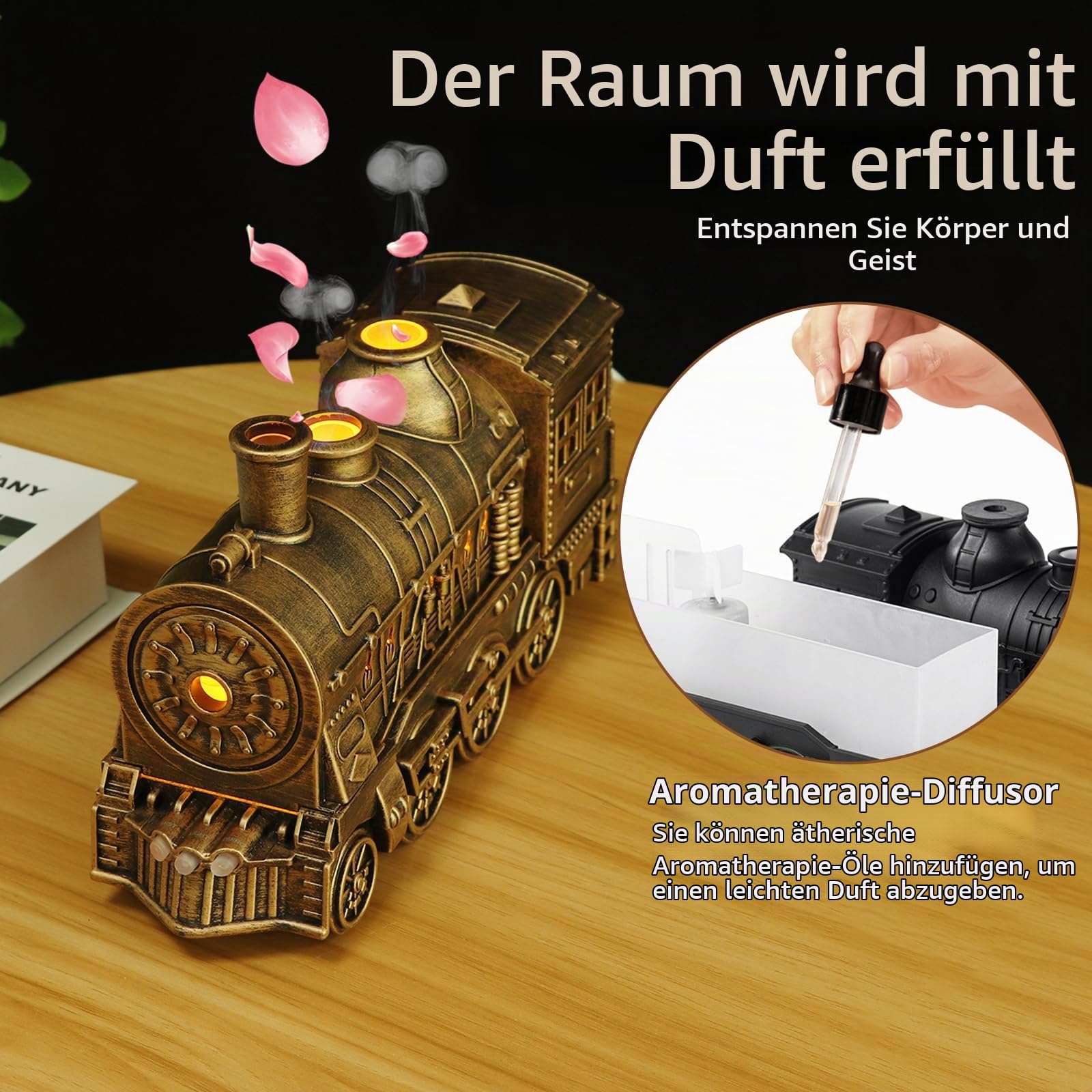 Aroma Diffuser für Duftöle,Perfume Diffuser,Luftbefeuchter, Zugdiffusoren für ätherische Ö-le(Nicht enthalten),Lokomotiven Luftbefeuchter mit Fernbedienung,für Schlafzimmer,Wohnzimmer (Farbe Bronze)