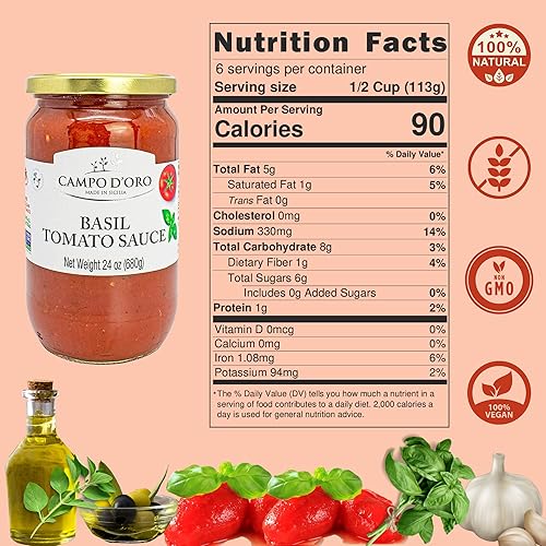 Miniatura 4 de Salsa de espaguetis italiana con albahaca, 24oz. Salsa de pasta y pizza, 100% hecha en Italia por Campo D'Oro, salchichas italianas...