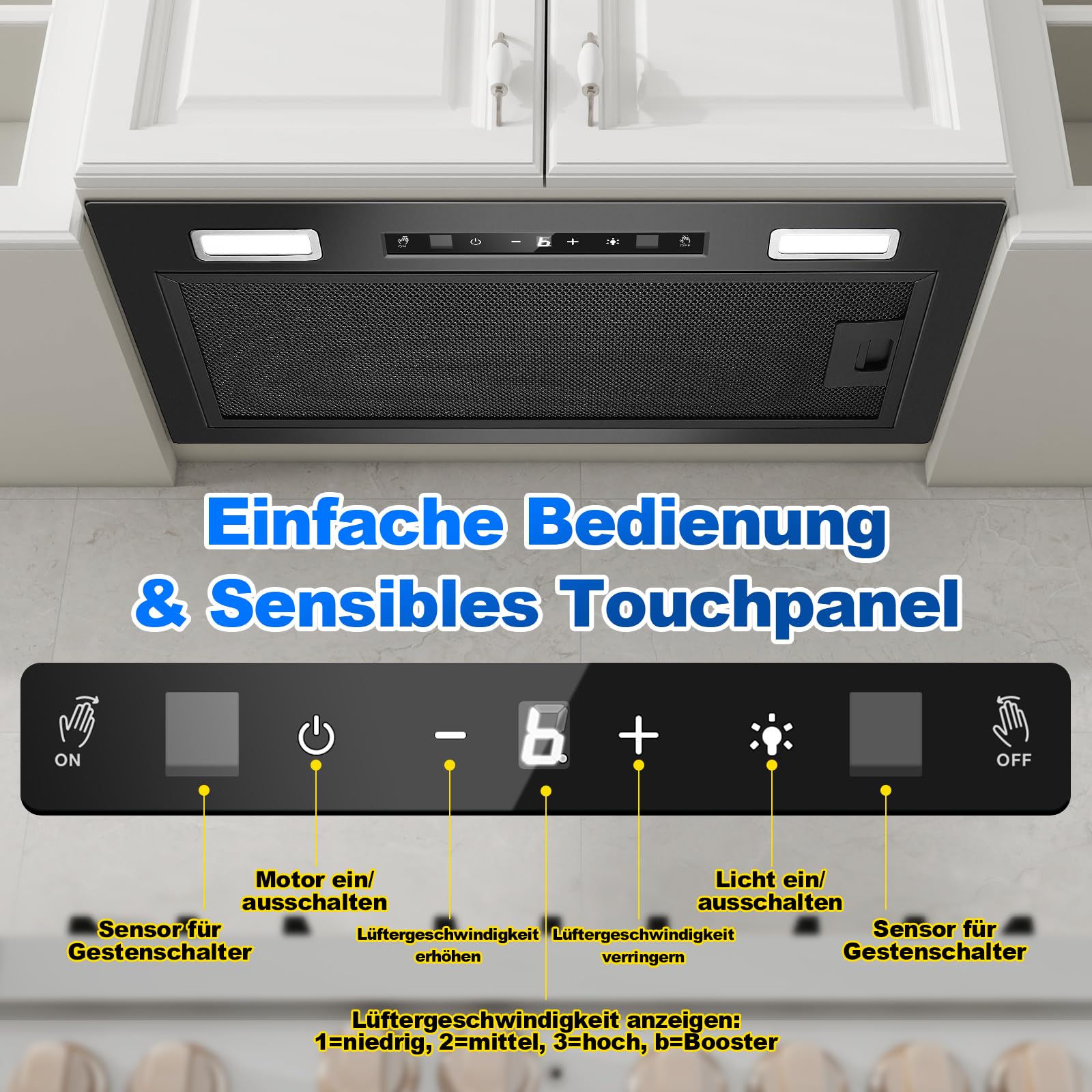 Einbau Dunstabzugshaube 52cm 750m³/h Abluft/Umluft Schwarz Gestensteuerung Touch 3 Leistungsstufen Booster Aktivkohlefilter