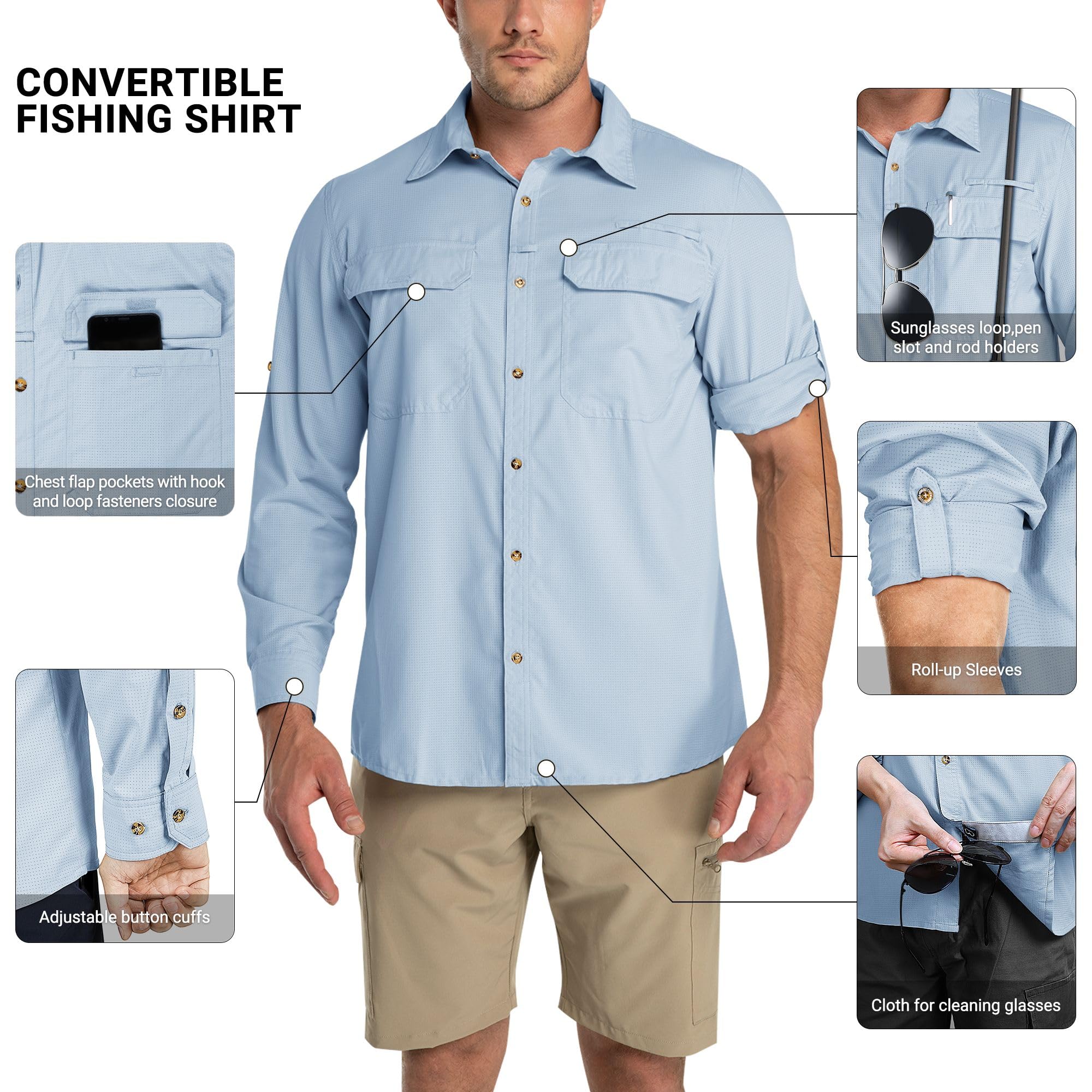 Outdoor Ventures Camisa de manga larga para hombre, camisa funcional para exteriores, de secado rápido, informal, transpirable, azul claro, L