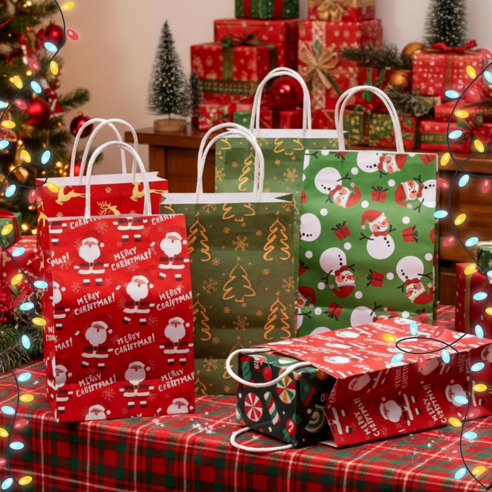 AmazingSpark Lot de 100 sacs cadeaux de Noël en vrac avec motif Père Noël, bonhomme de neige, arbre de Noël, élan, pour cadeaux de fête de Noël