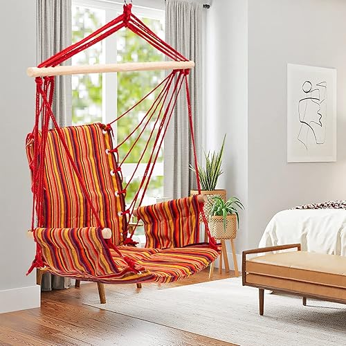 Walnest Silla de hamaca colgante con cuerda giratoria, tejido de algodón de calidad para una comodidad superior en interiores y exteriores (rayas