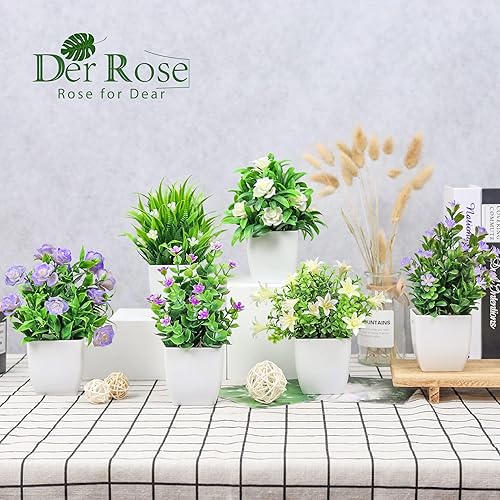 Miniatura 3 de Der Rose Paquete de 6 pequeñas plantas falsas con flores artificiales para el hogar, habitación, casa de campo, baño, decoración interior