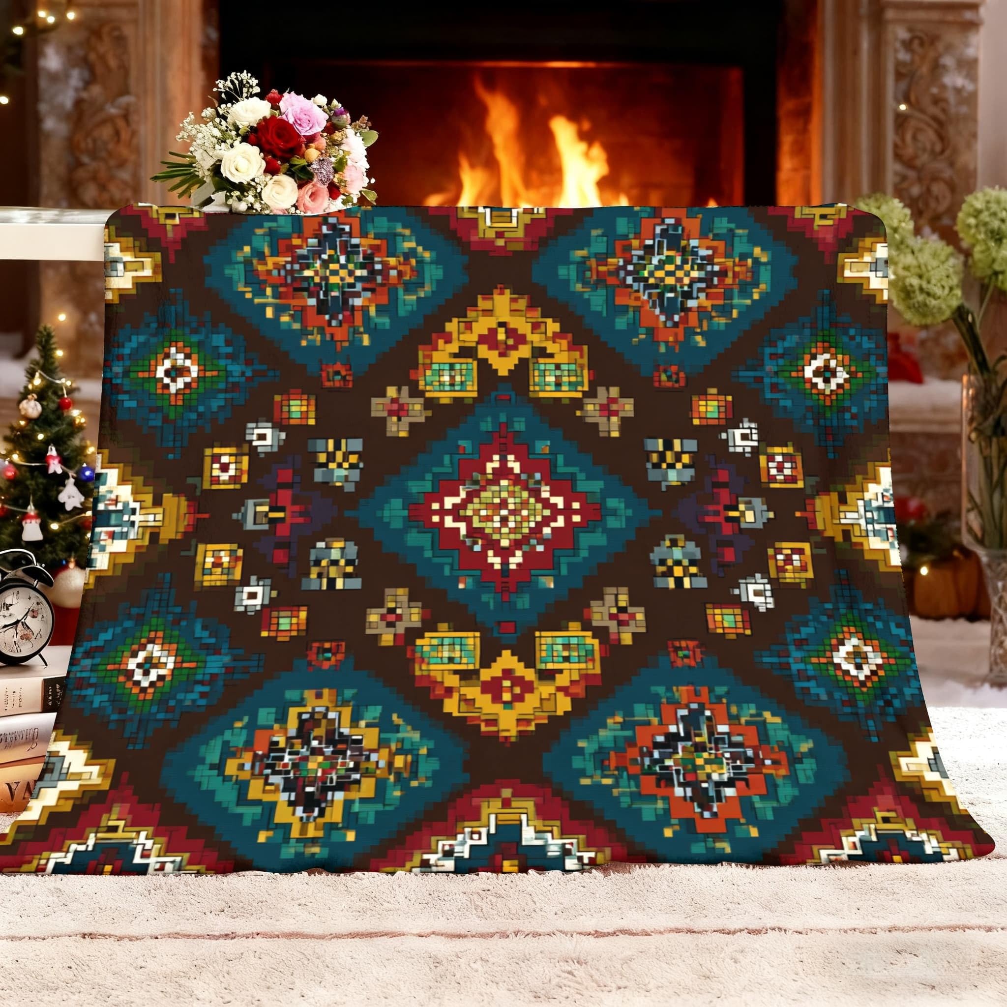 Coperta di lana leggera Antistatica XXL 180x200cm Motivo Geometrico Retrò Coperta in flanella Super Morbida Multicolore per letto Divano Ufficio Ginocchiera letto Auto Campeggio Spiaggia