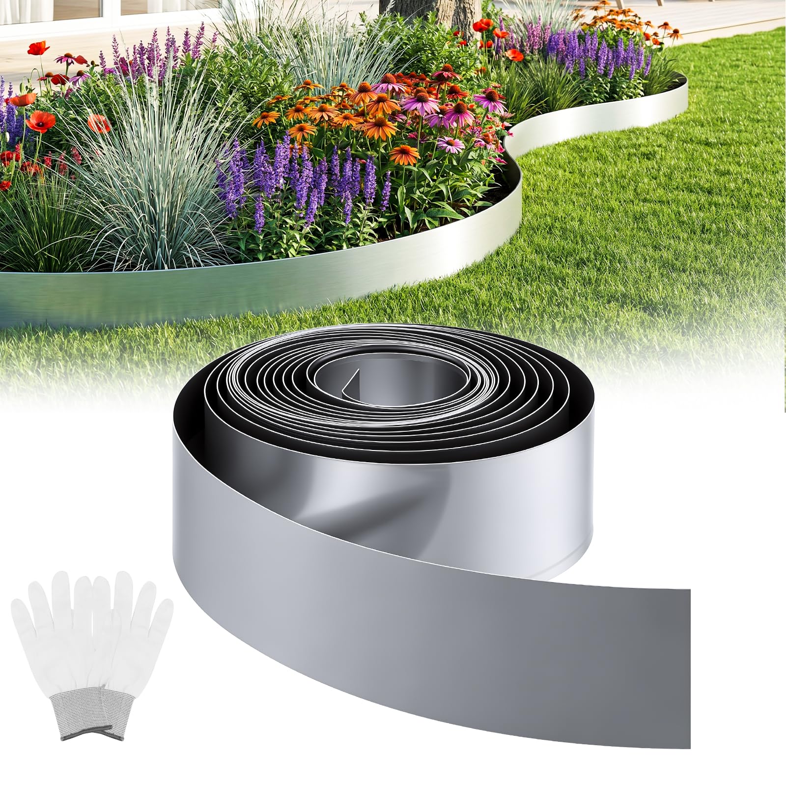 Rasenkante Metall, 10M*15 cm Beeteinfassung Metall, Rostfrei Langlebig Silber Beetumrandung Metall 15 cm hoch, Beetumrandung Einfache Montage Garten Rasen Wege