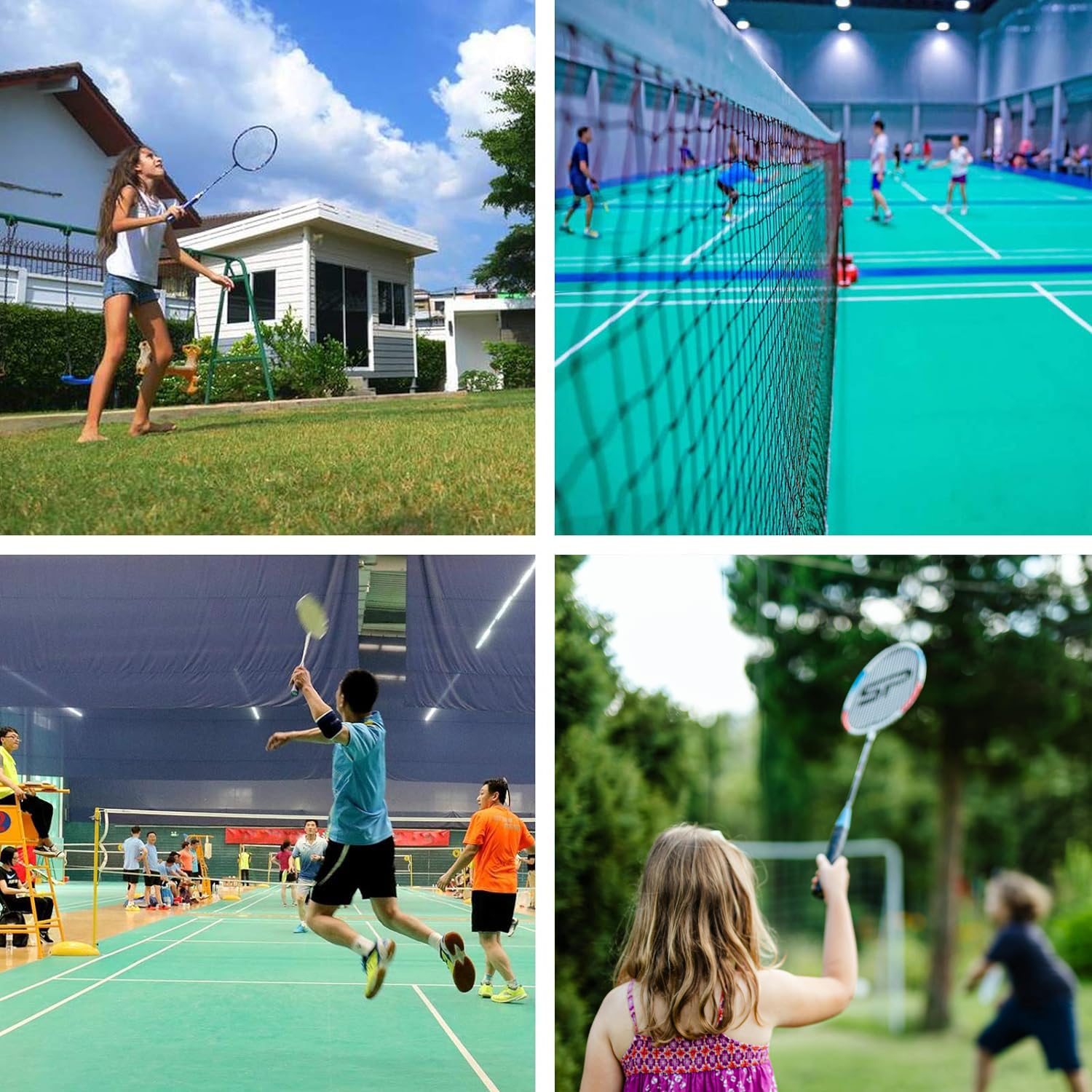 Badminton, rete da badminton, con fune metallica, pieghevole, in nylon, 610 x 76 cm, ideale per bambini, interni, scuola, spiaggia, piscina