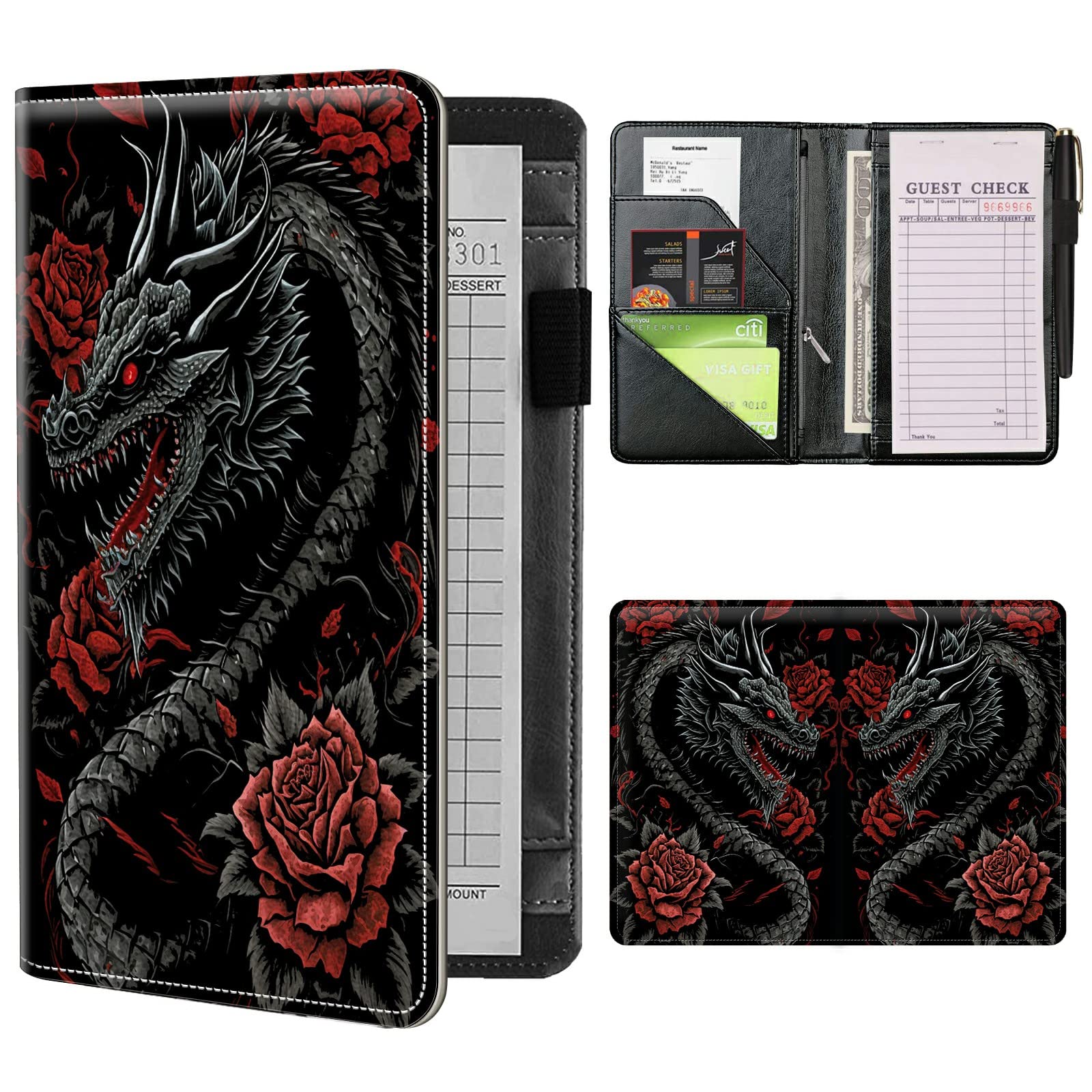 Server Books for Waitress Waiter with Zipper Pocket, Dragon Red Roses Leather Server Pads Waitstaff Organizer Guest Check Presenters Server Wallet Money Holder Pouch Fit Apron
